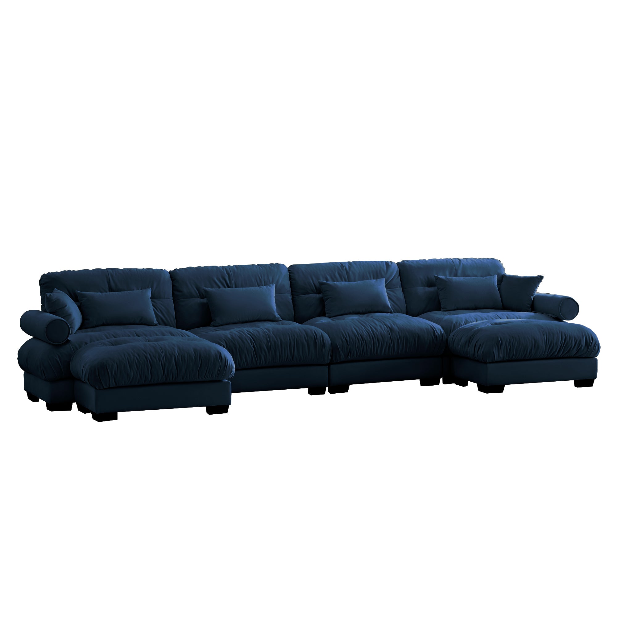 L-Shaped Convertible 4-Seater Cloud Sofa, Modern Velvet with Pillows and Bolstered Armrests, Blue