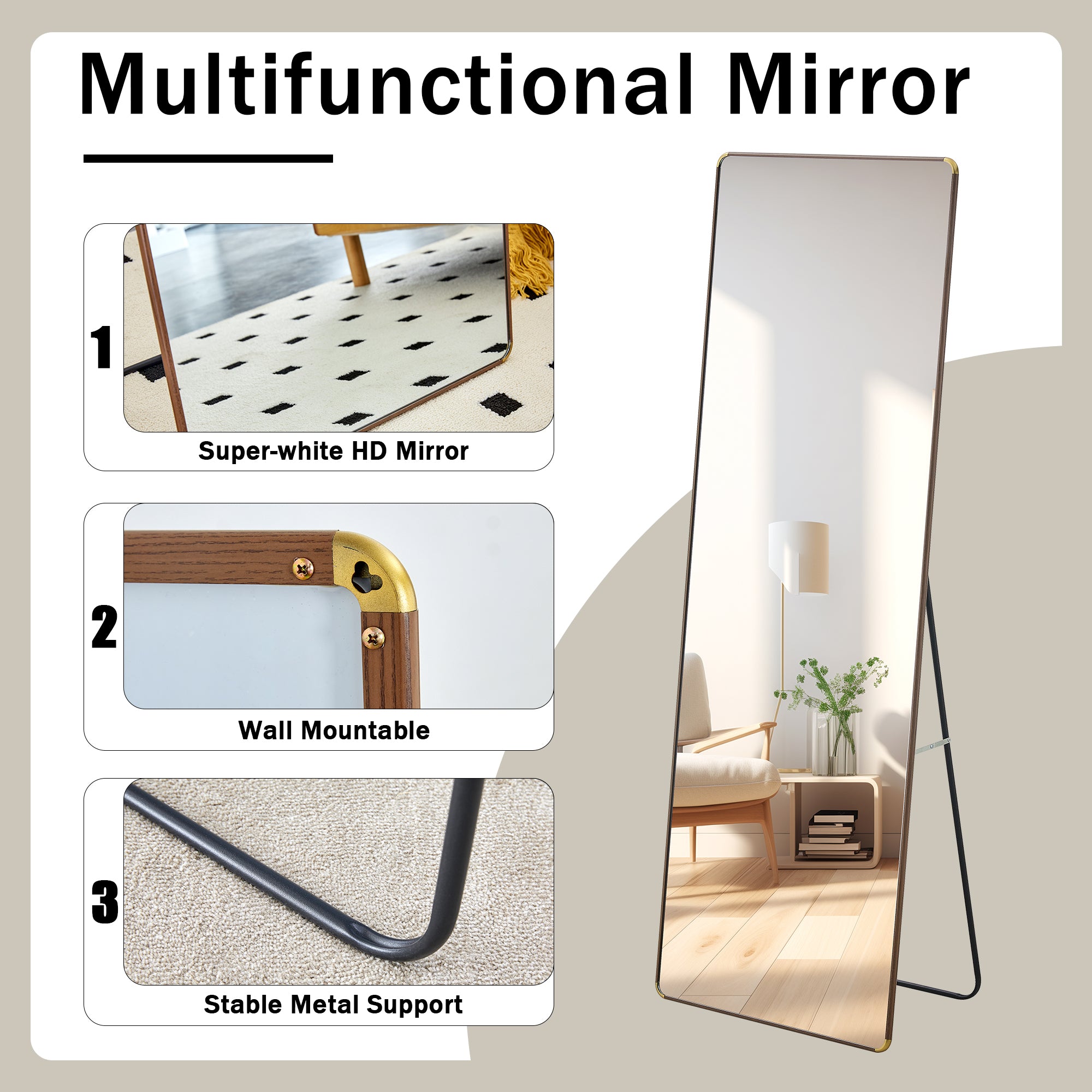 65" Full-Length Floor & Wall Mirror - Ideal for Bedrooms, Foyers, Bathrooms, and Clothing Stores, Brown Border