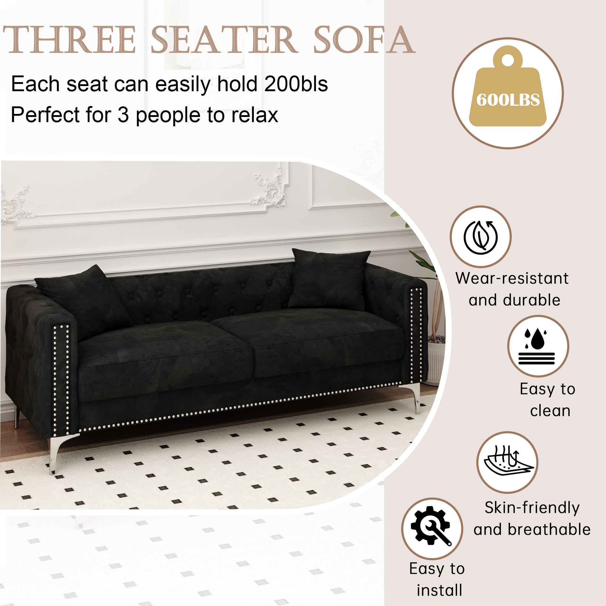 Luxurious 83" Black Velvet 3-Seater Sofa with 2 Pillows - Perfect Design for Living Room