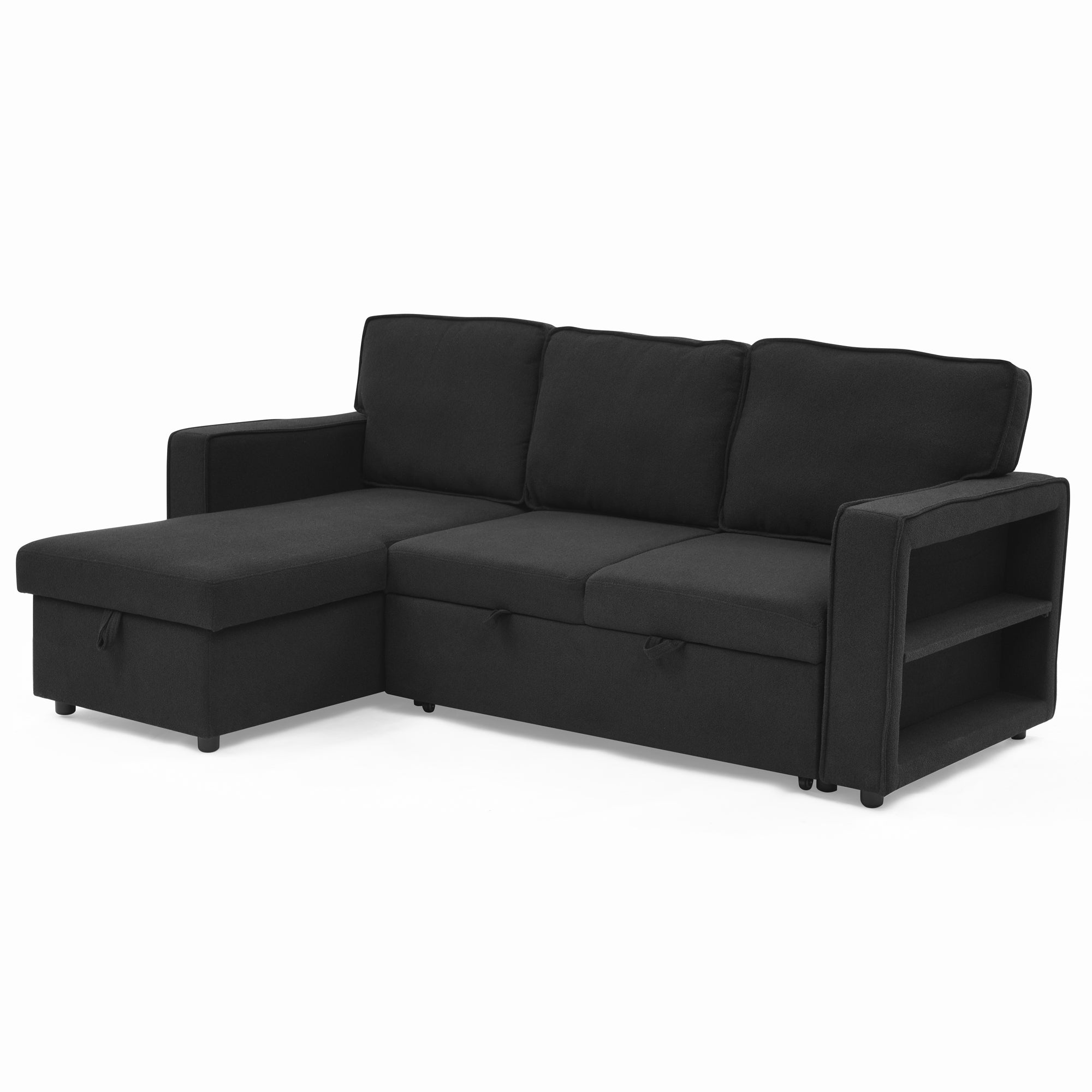 Linen Upholstered Sleeper Sectional Sofa, Shaped Modular Convertible Sofa with Storage Chaise,There are two cup holders in the middle and USB multi-interface function,Pull Out Sleep Couch Bed ,Black