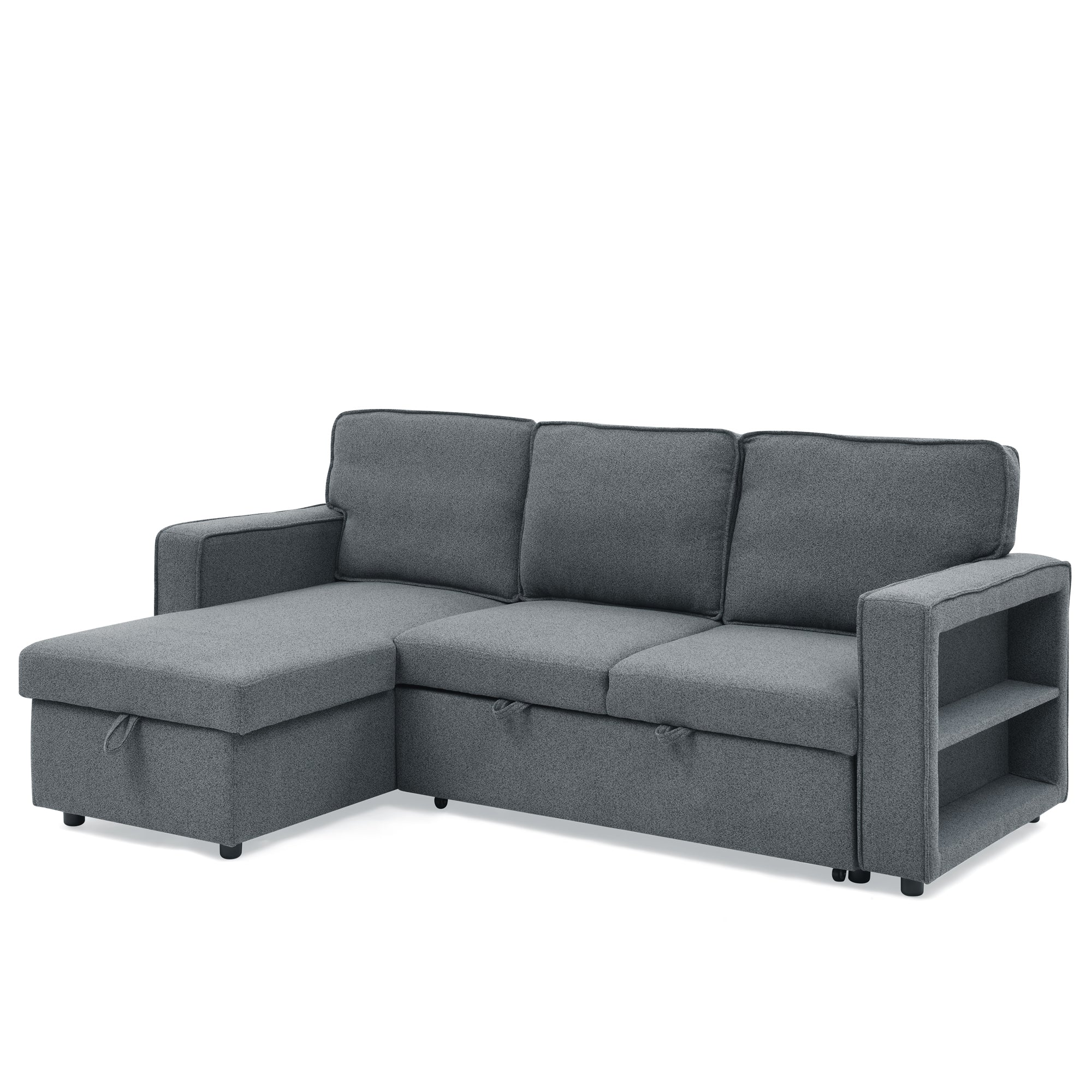 Linen Upholstered Sleeper Sectional Sofa, Shaped Modular Convertible Sofa with Storage Chaise,There are two cup holders in the middle and USB multi-interface function,Pull Out Sleep Couch Bed ,Grey