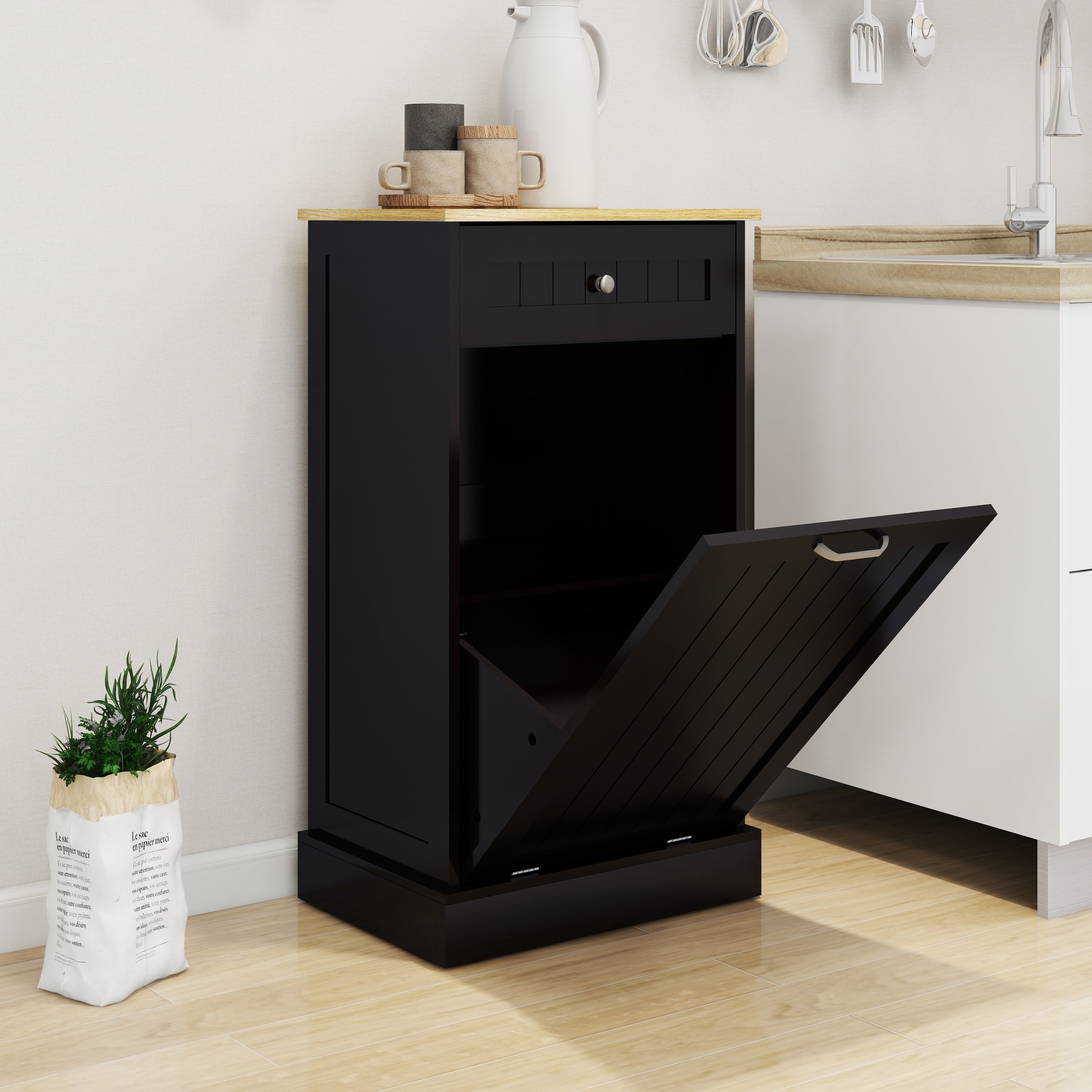 One Drawers and One-Compartment Tilt-Out Trash Cabinet Kitchen Trash Cabinet-Black