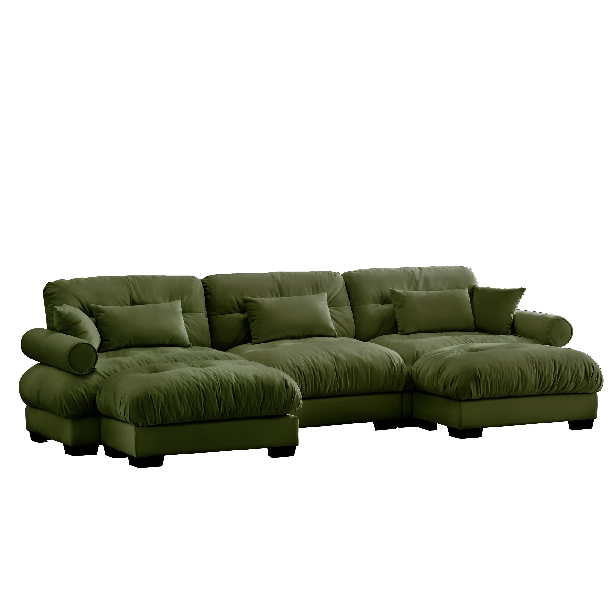 U-Shaped Modular Sectional Sofa with Movable Ottomans, Modern 3-Seater Corner Couch with Pillows and Bolstered Armrests, Olive green