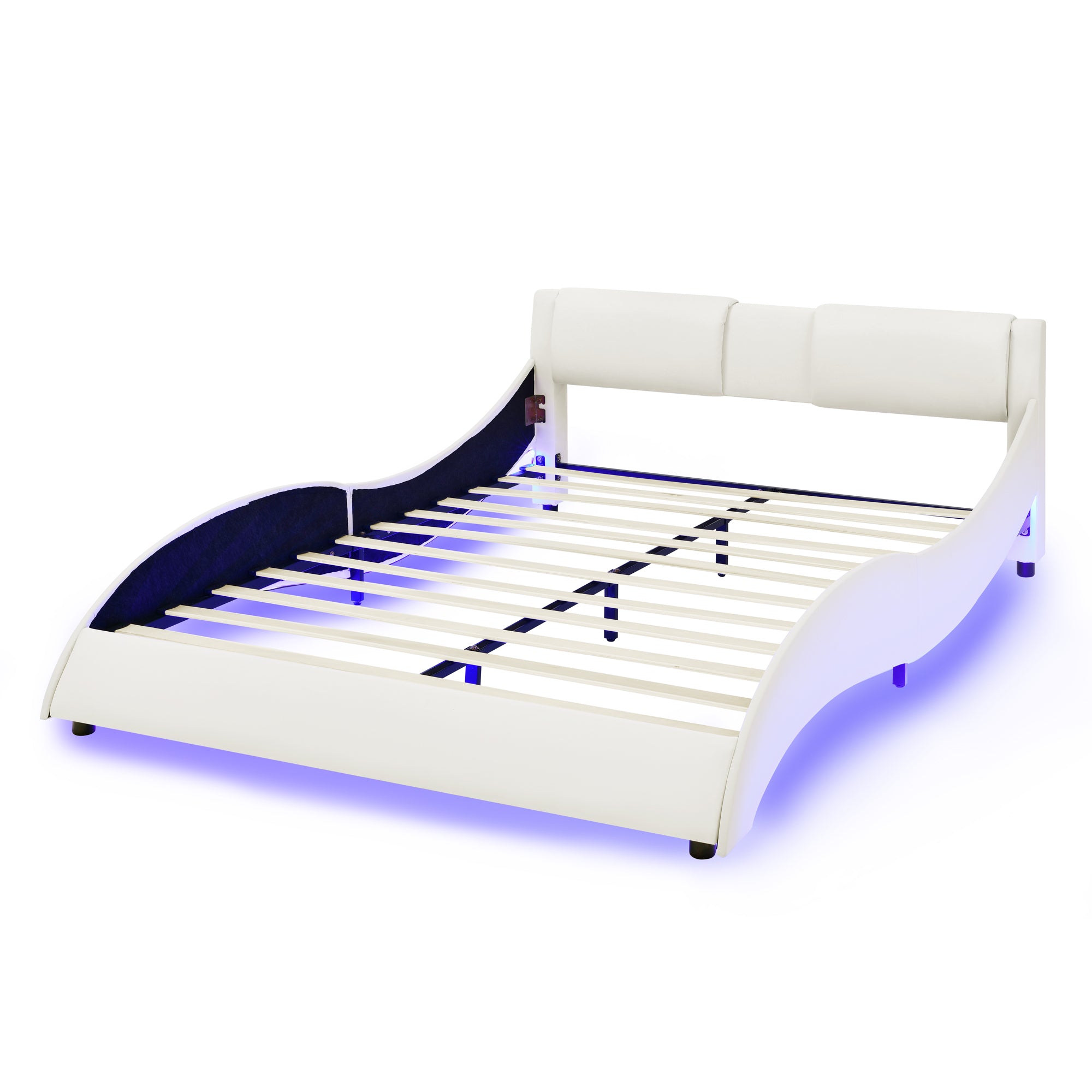 Queen Led Bed Frame Modern Faux Leather Upholstered Platform Bed Frame with RGB LED Lights and Headboard Wave Like Curve Low Profile Bed Frame,Wood Slats Support,Easy Assembly, White