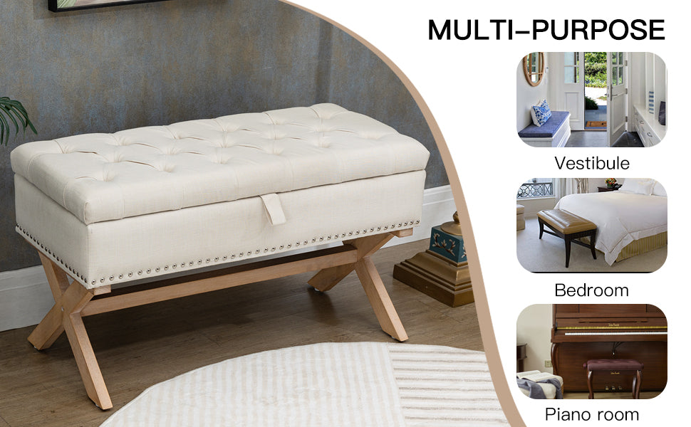 35 Inch Storage Ottoman, Button-Tufted Ottoman Linen Storage Bench, Ottoman with Storage