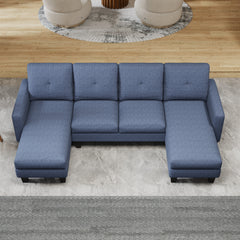 U-Shaped Sofa Coch 4-Seat Sofa with Chaise Polyester Fabric for Living Room Apartment Office (Blue)