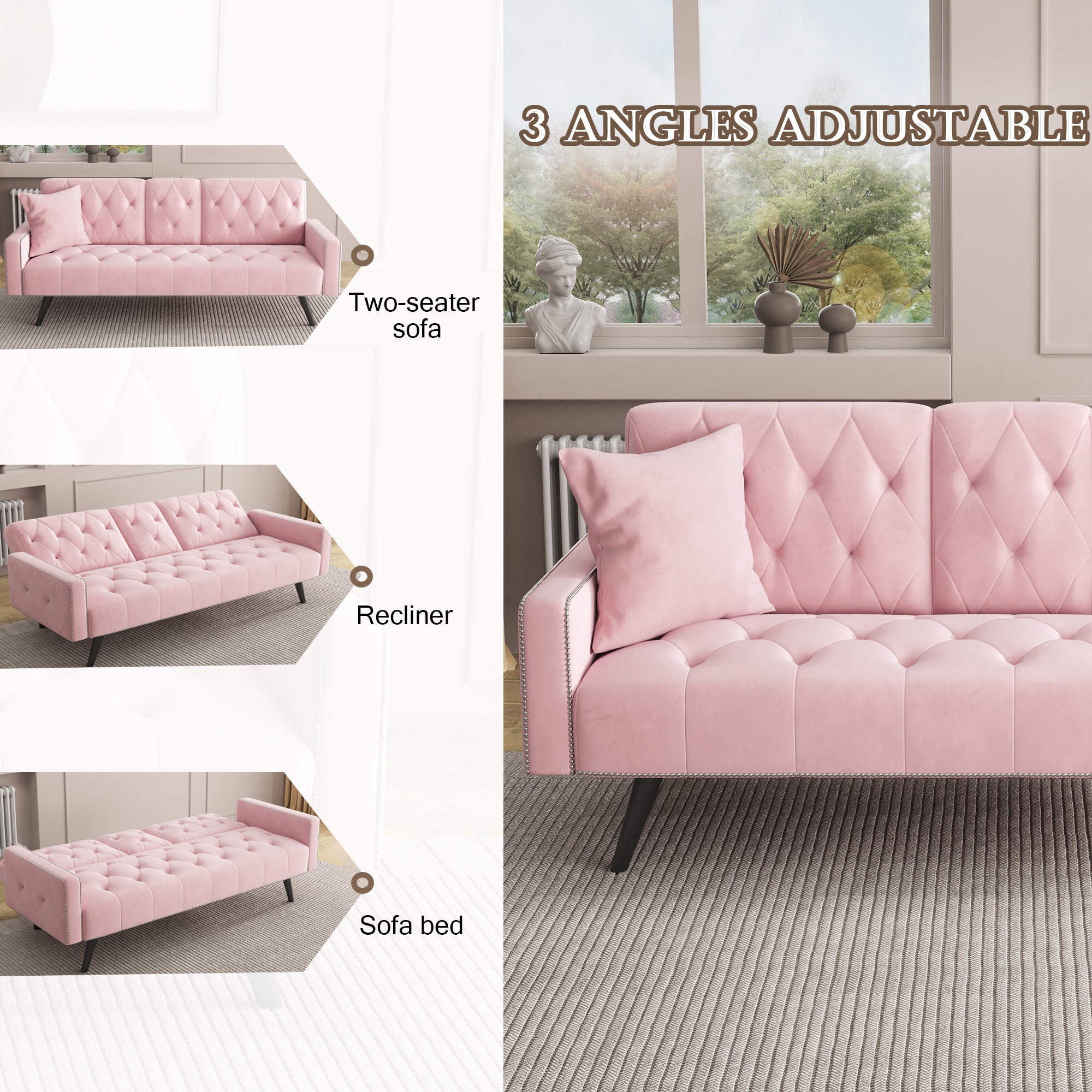 72" Pink Velvet Sofa Bed with Nail Head Trim & Two Cup Holders Sleeper Sofa for Small Living Room