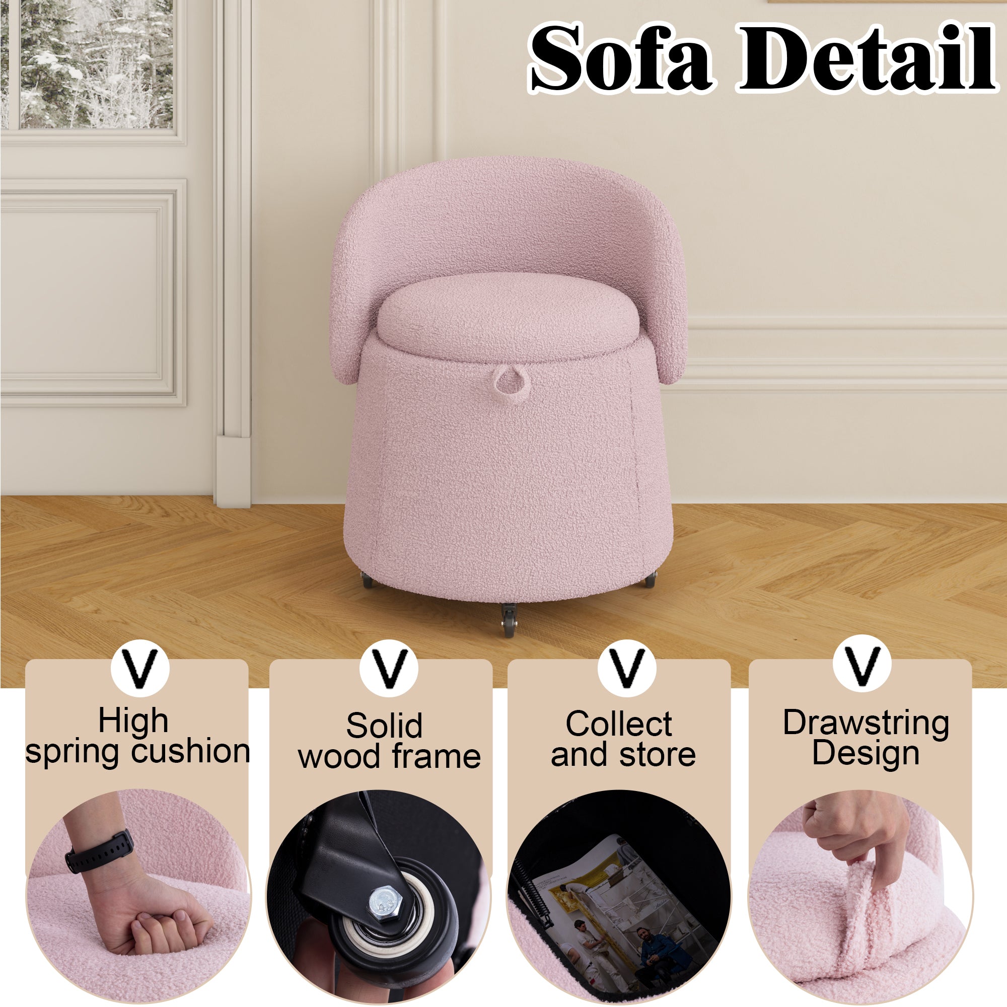 23" Movable Pink Storage Chair - Multi-Functional Design in Teddy Fleece for Stylish Bedroom & Living Room