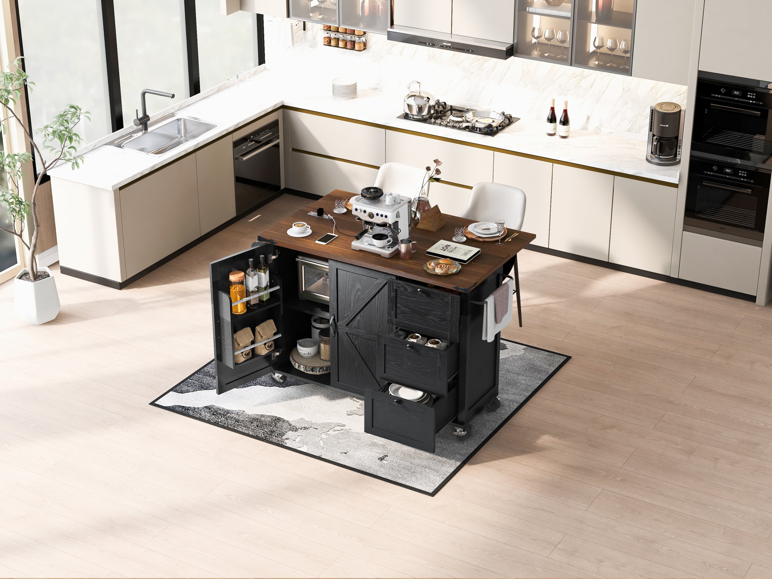 K&K 54.5" Kitchen Storage Island  with Internal Storage Rack, Drop Leaf, Spice Rack, Rolling Kitchen Cart on Wheels, Black