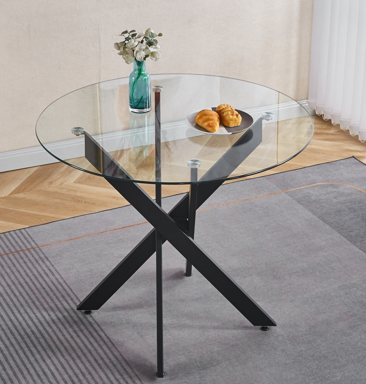 Black Dining Table with cross metal leg and tempered glass,Modern Space Saving Kitchen Table for Living Room