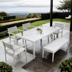 6PC Patio Aluminum Furniture, Modern Dining Set, including 4 Dining Chairs & 1 Dining Bench Sunbrella Fabric Cushioned and Two-tone Table Top Rectangle Table with Umbrella Hole, Matte White+Grayish