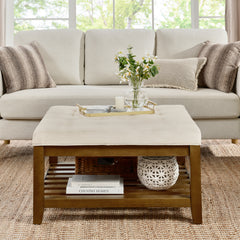 Tufted Upholstered Square Coffee Table Ottoman with Beech Wood Shelf, Oversized Footrest for Living Room, Beige