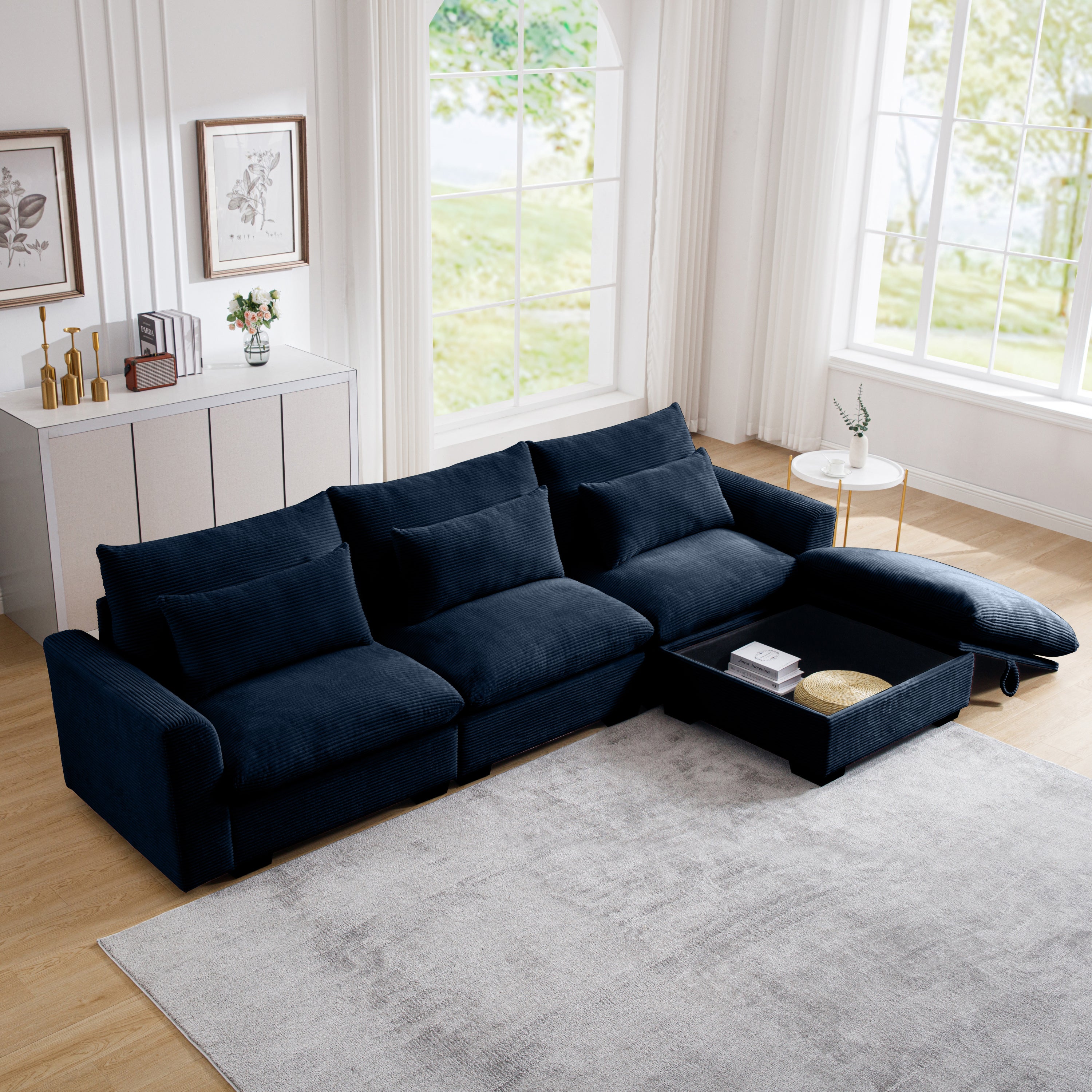 Corduroy Sectional Sofa,  L Shaped Couch with Storage Footstool and 3 Pillow, Sectional Couch for Living Room Apartment, Bule