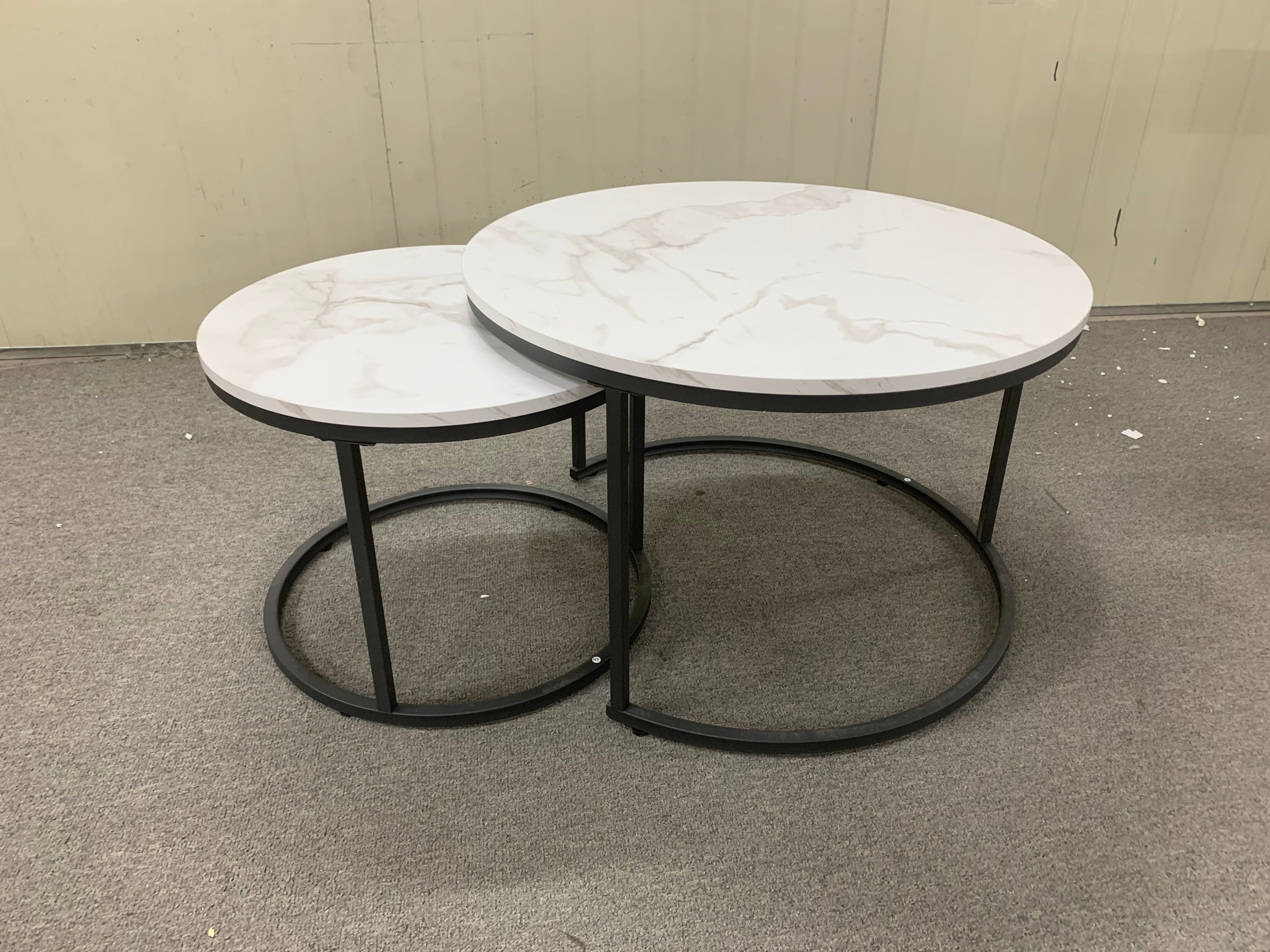 Nesting Coffee Table Set of 2, 27.6inch Round Coffee Table Wood Marble Pattern Top with Sturdy Metal Frame, End Table Side Tables for Living Room Bedroom Balcony Yard (White)