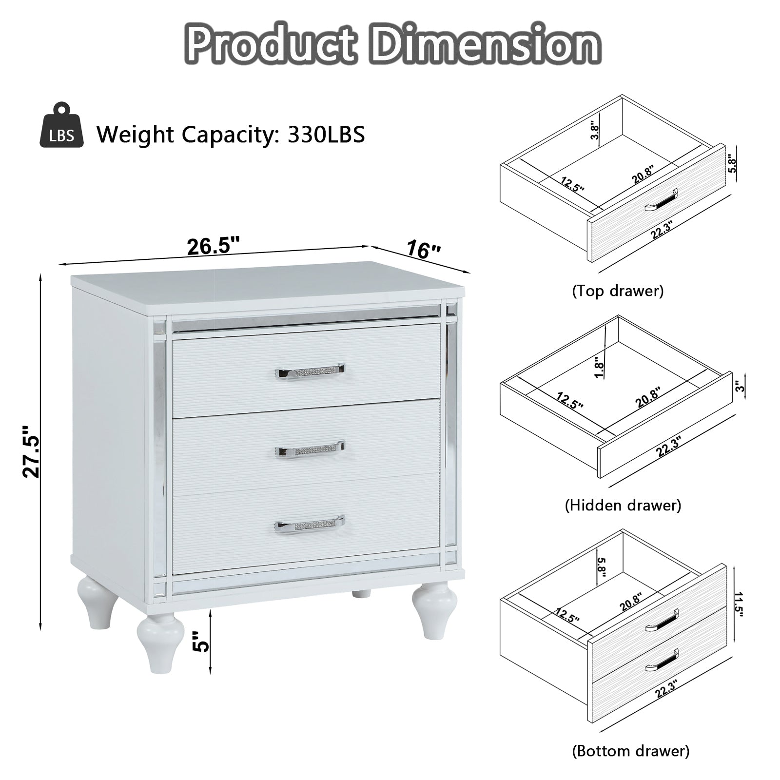 Contemporary Nightstands with mirror frame accents, Bedside Table with two drawers and one hidden drawer, End Table with Crystal Pull for Living Room,Bedroom, White