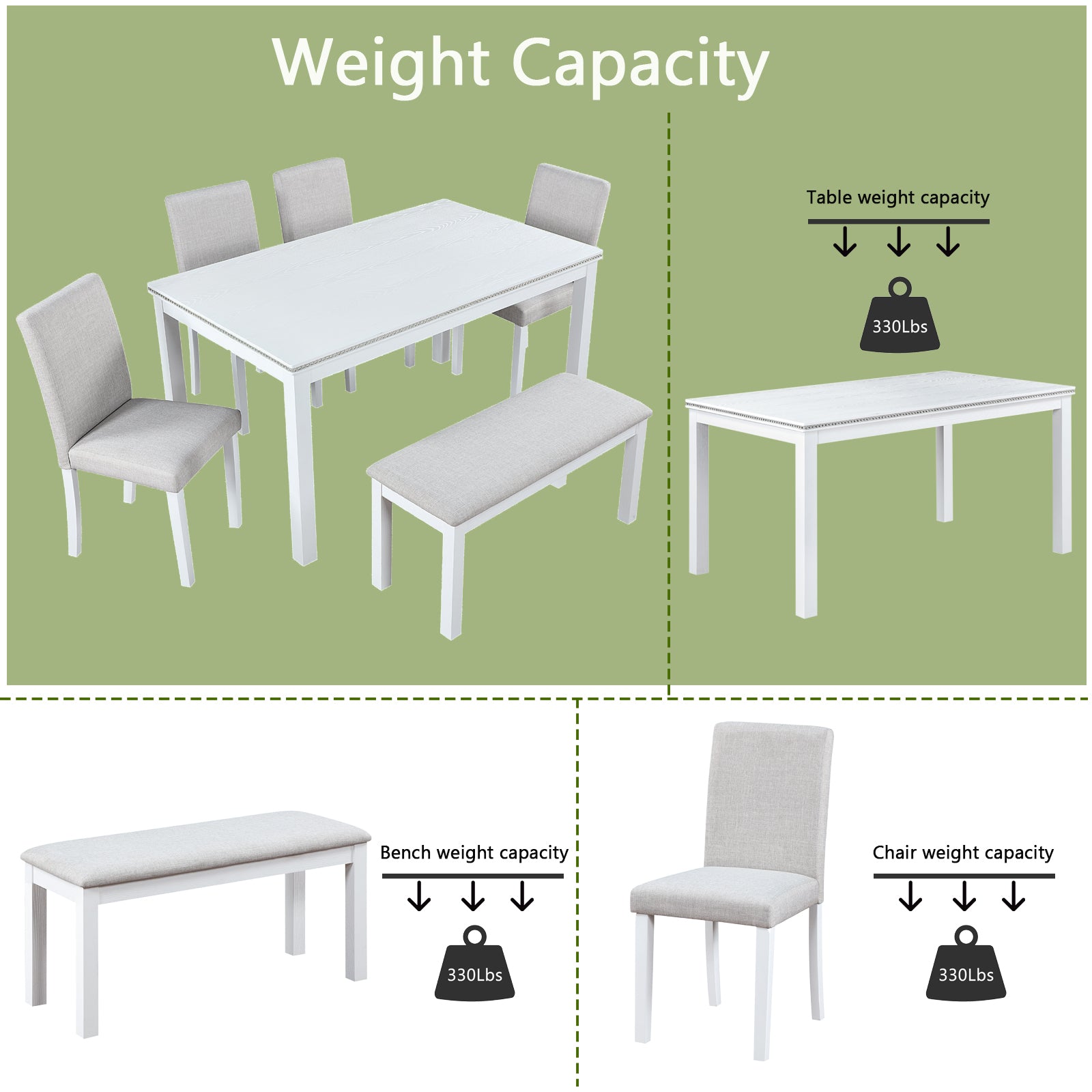 Wooden Dining Rectangular Table with Bench, Kitchen Table with Bench for Small Space, 6 Person Dining Table, White