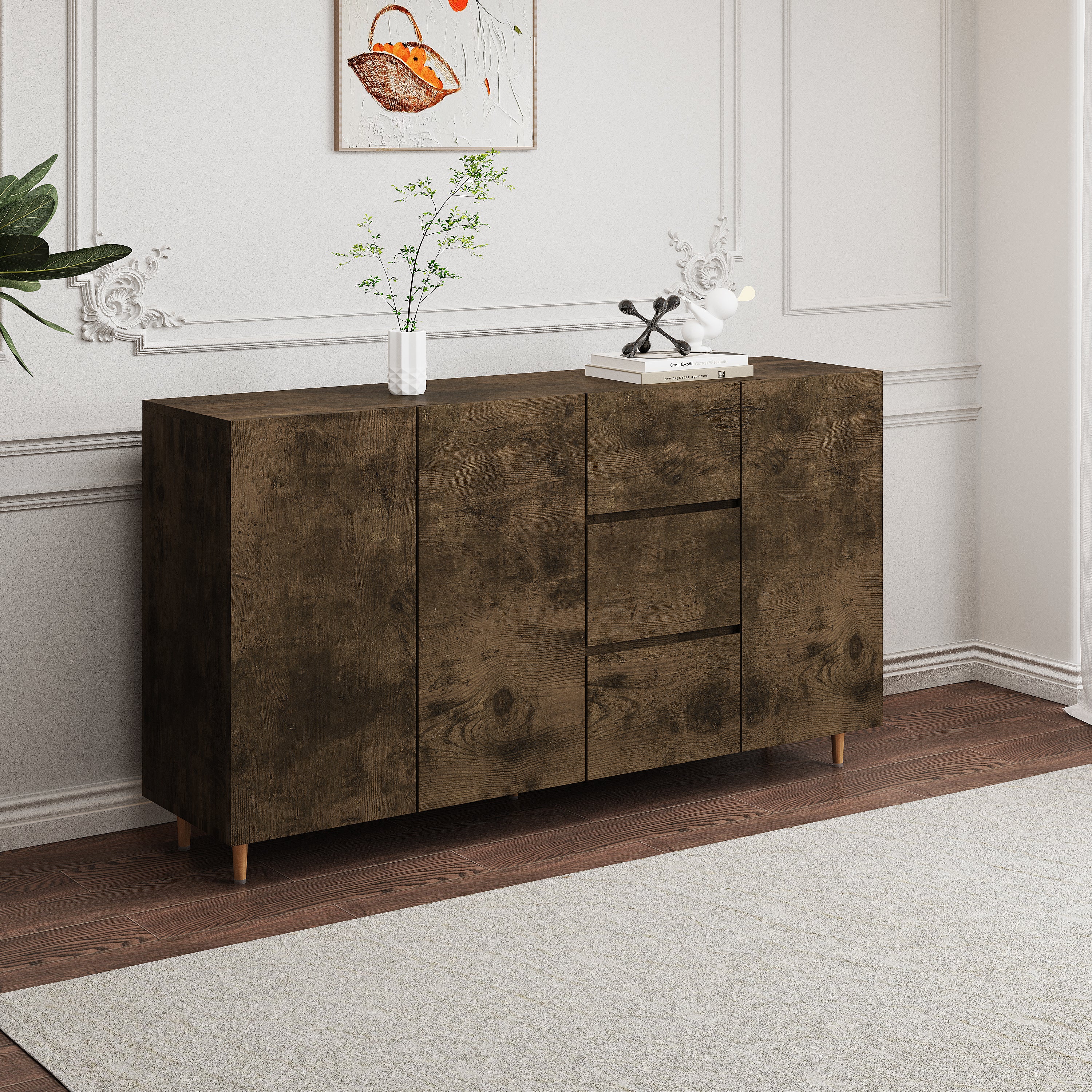 63" Black Brown Sideboard with Doors & Drawers for Storage Minimalistic Buffet for Dining Room