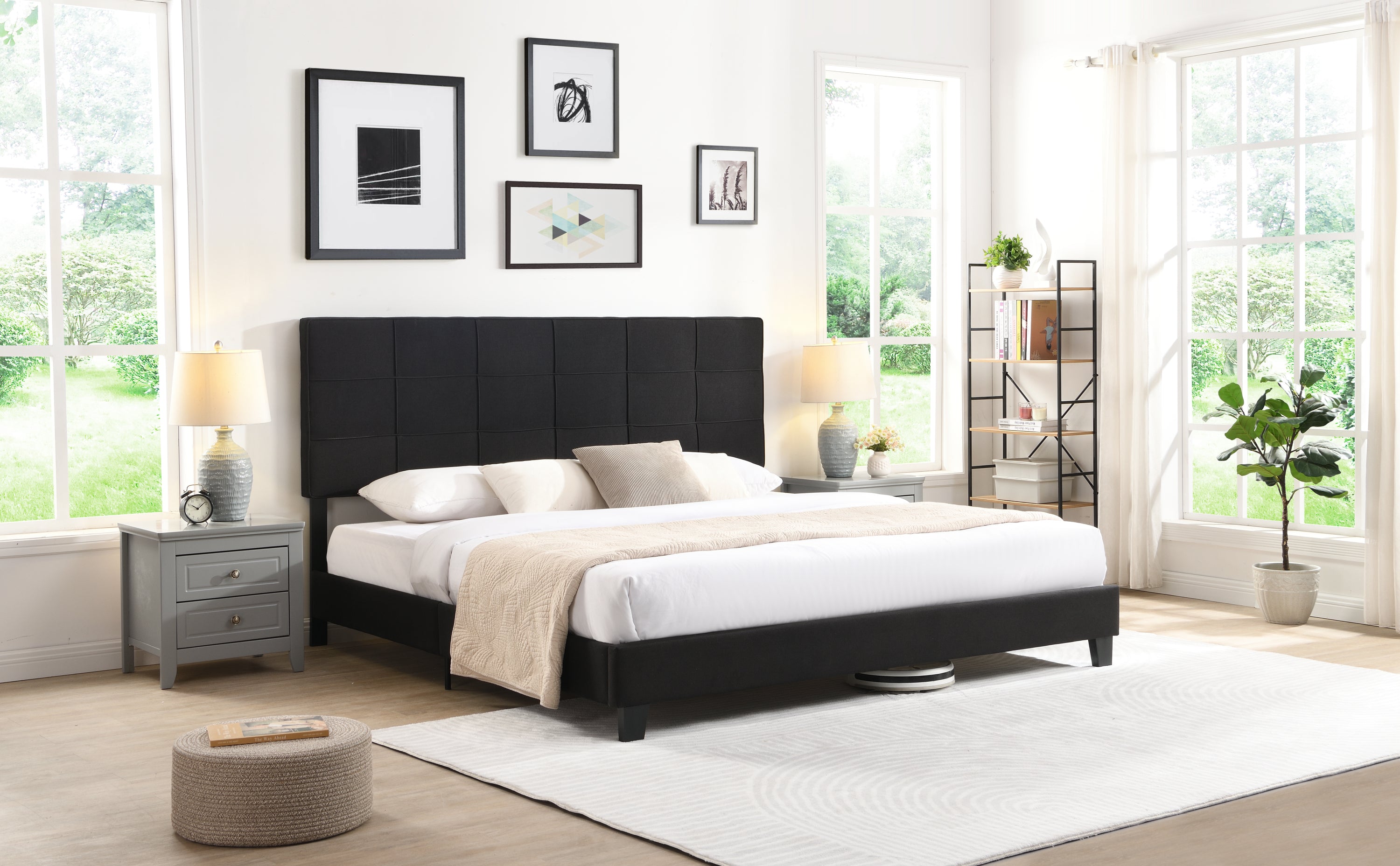 King Size Upholstered Platform Bed Frame with  Linen Fabric Headboard, No Box Spring Needed, Wood Slat Support, Easy Assembly, BLACK