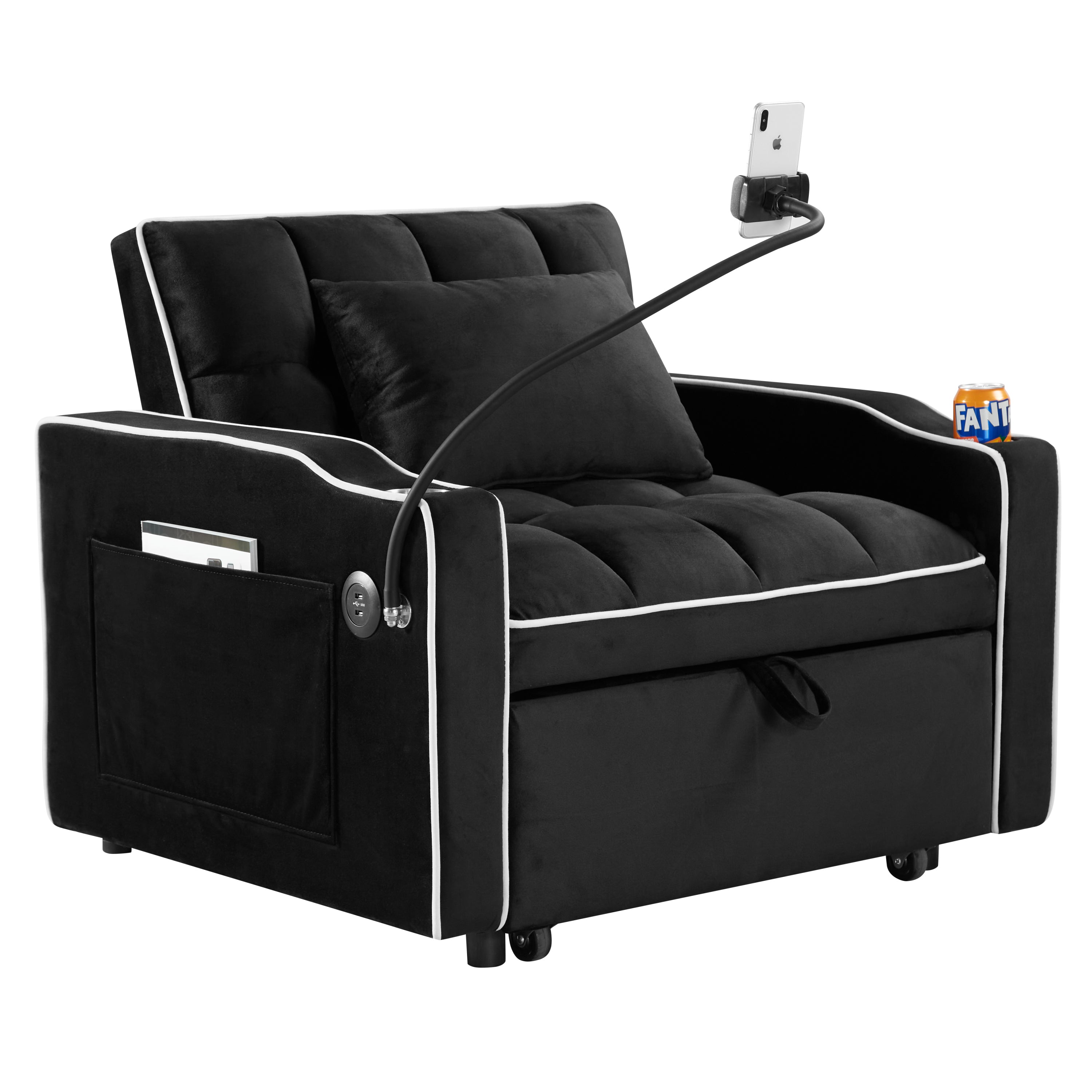 Convertible Chair Sofa Bed, Adjustable Pull-Out Design with Multi-Pockets for Living Room and Small Spaces, Black