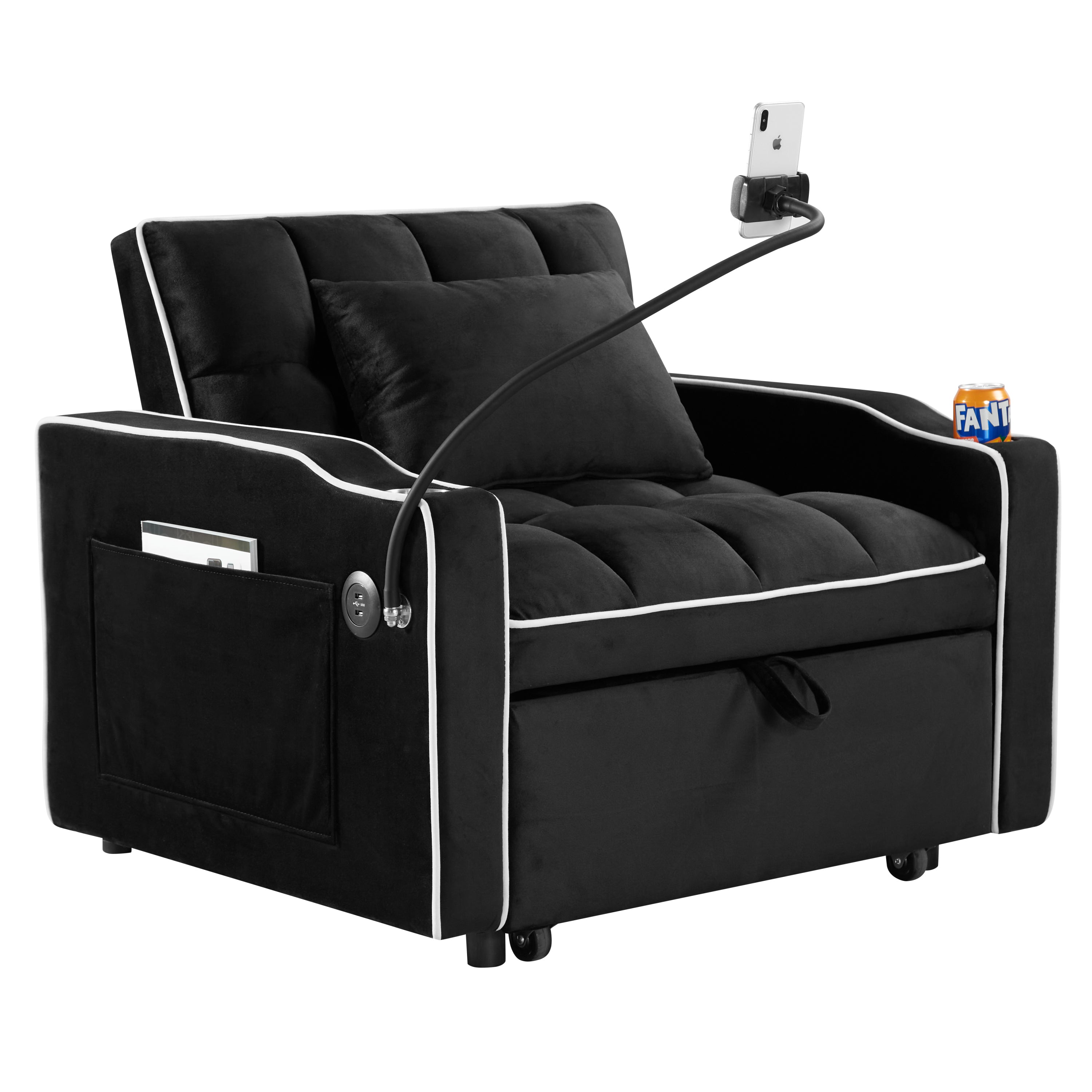 Convertible Chair Sofa Bed with Adjustable Pull-Out Design Black