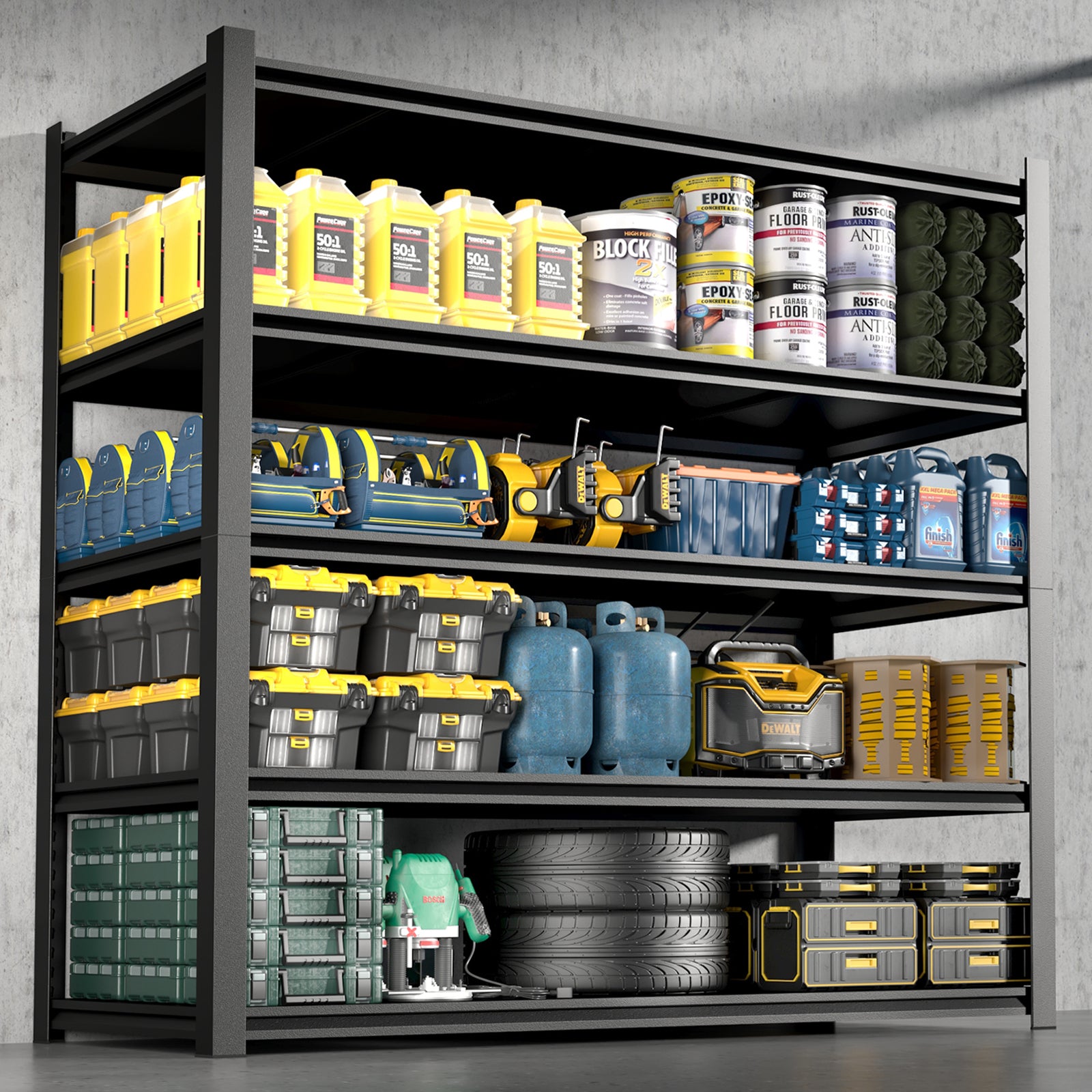 72.05 Inch Tall Black Metal Shelves with 5 Removable Dividers Are High Capacity and Load Bearing for Garages, Kitchens and Offices(72*47.27*23.62)