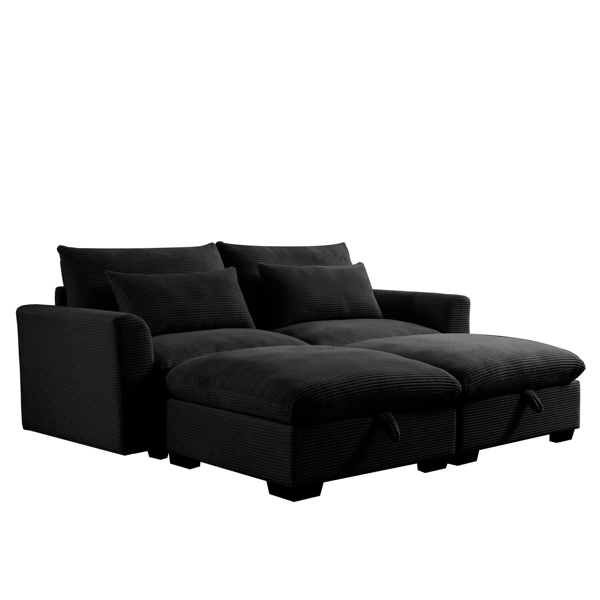 Corduroy Two-Seater Sofa with 2 Storage Footrest,2 Seater Sectional  deep seat sofa,Comfy Couches for Living Room,Black Sofa