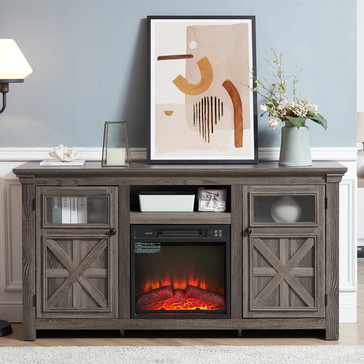 Farmhouse TV Stand with 2 Doors, Barn Design, Large Media Console with 18" Electric Fireplace Insert, GREY