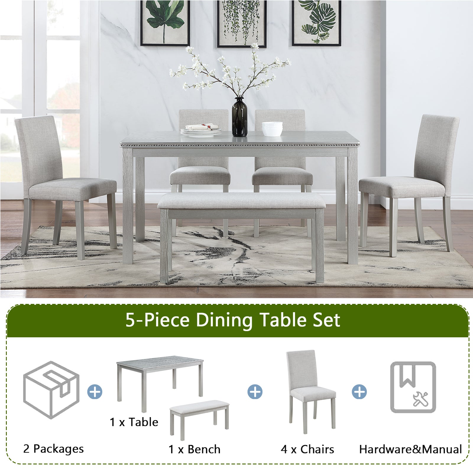 Wooden Dining Rectangular Table with Bench, Kitchen Table with Bench for Small Space, 6 Person Dining Table, Silver grey