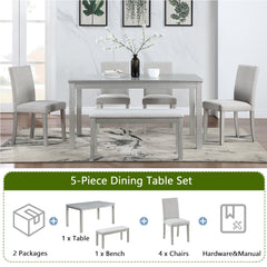 Wooden Dining Rectangular Table with Bench, Kitchen Table with Bench for Small Space, 6 Person Dining Table, Silver grey