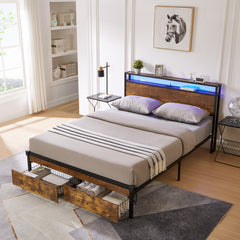 Queen Size Metal Platform Bed Frame with Wooden Headboard and Footboard with USB,Charging Station,2 Drawers,LED Lights, No Box Spring Needed, Easy Assemble