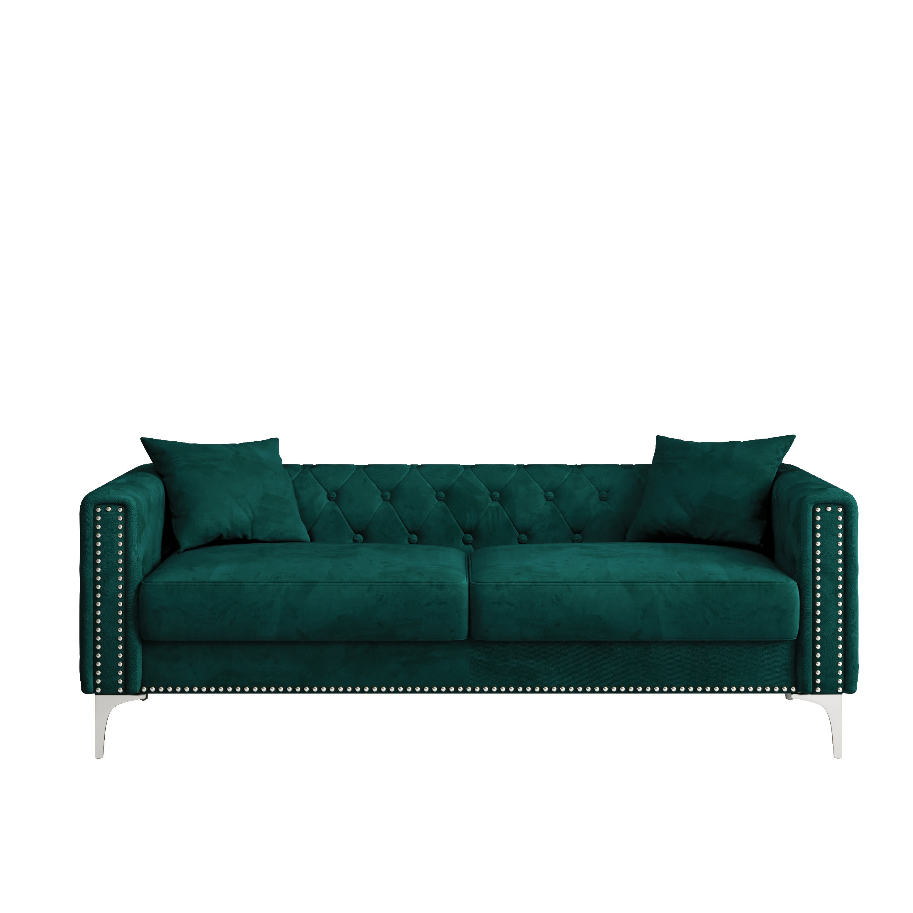 83" Green Velvet 3-Seater Sofa with 2 Comfy Pillows - Perfect Design for Living Room