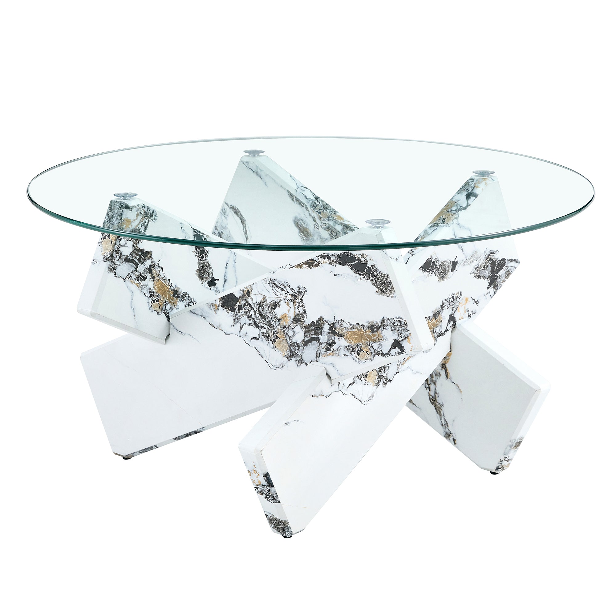 Modern 33.4" Round Glass Coffee Table with Tempered Glass Top & Cross Legs