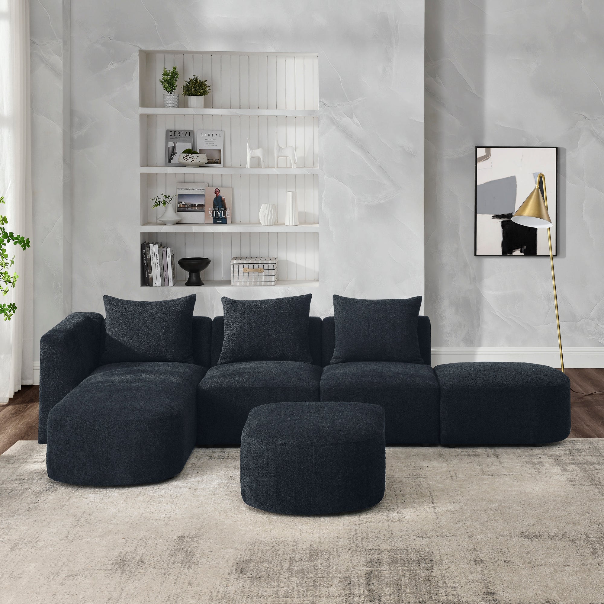 L Shape Sectional Sofa including Two Single Seats, Left Side Chaise and Two Ottomans, Modular Sofa, DIY Combination, Loop Yarn Fabric, Black