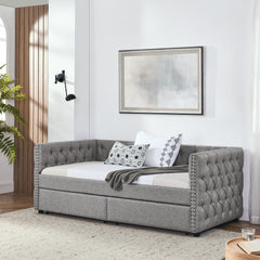 Upholstered Twin Size Daybed with Two Drawers, with Button and Copper Nail on Square Arms, Grey (82.75''x43''x30.75'')