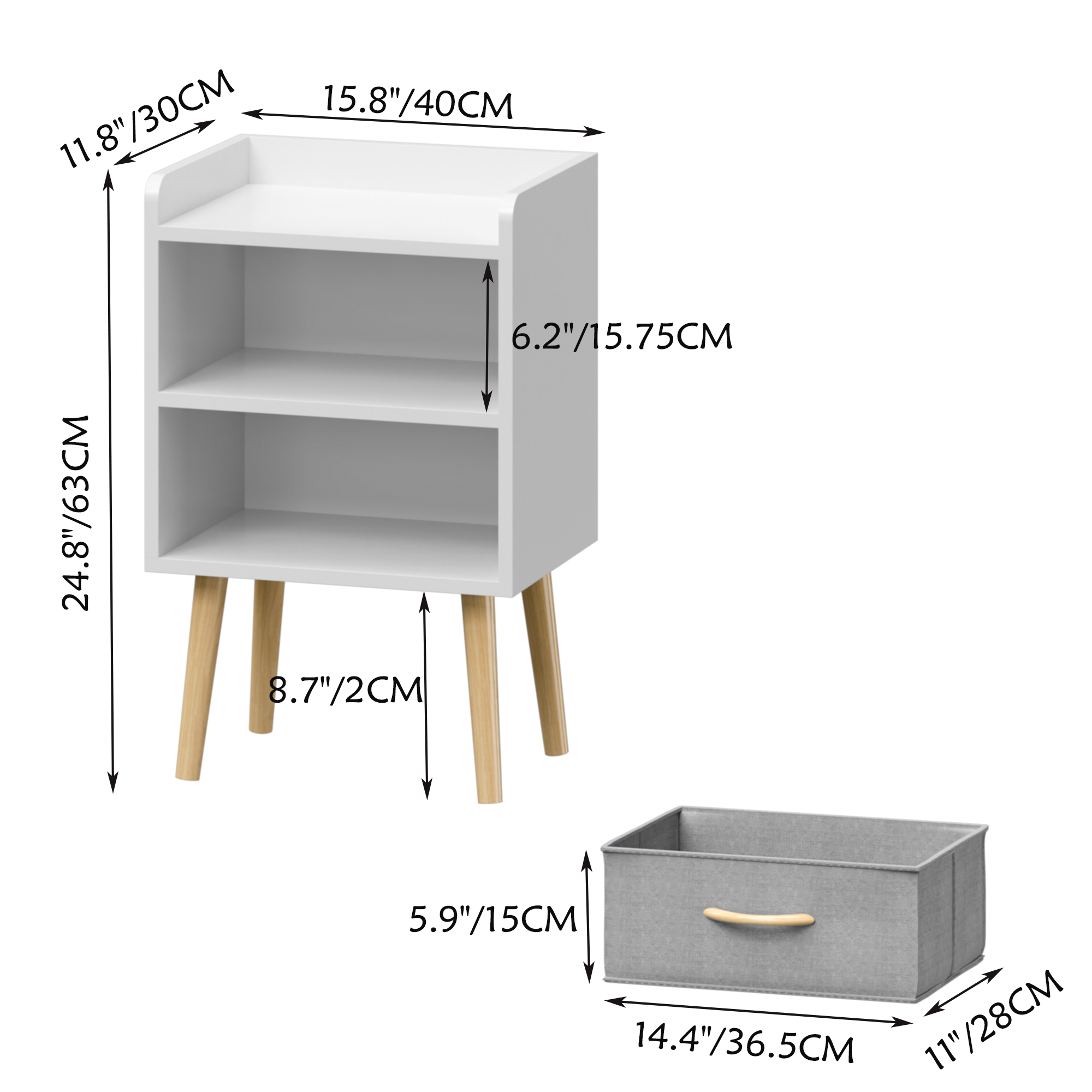 2PC Nightstand With Collapsible Fabric Drawer, 2-Tier Storage End Table, Wood Side Table with Storage Cabinet for Bedroom, Living Room - White