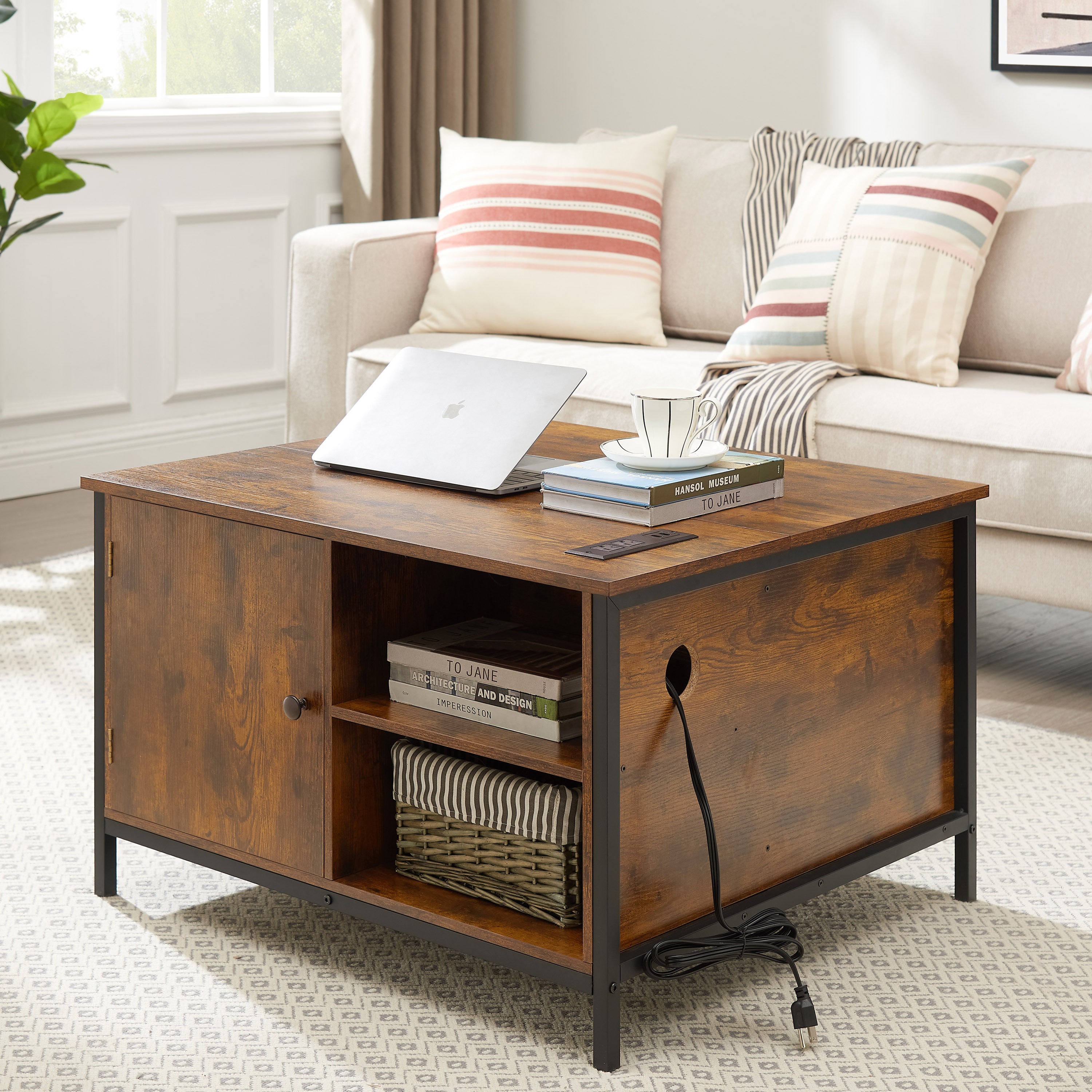 Lift-Top Coffee Table with Hidden Storage, Rustic Brown
