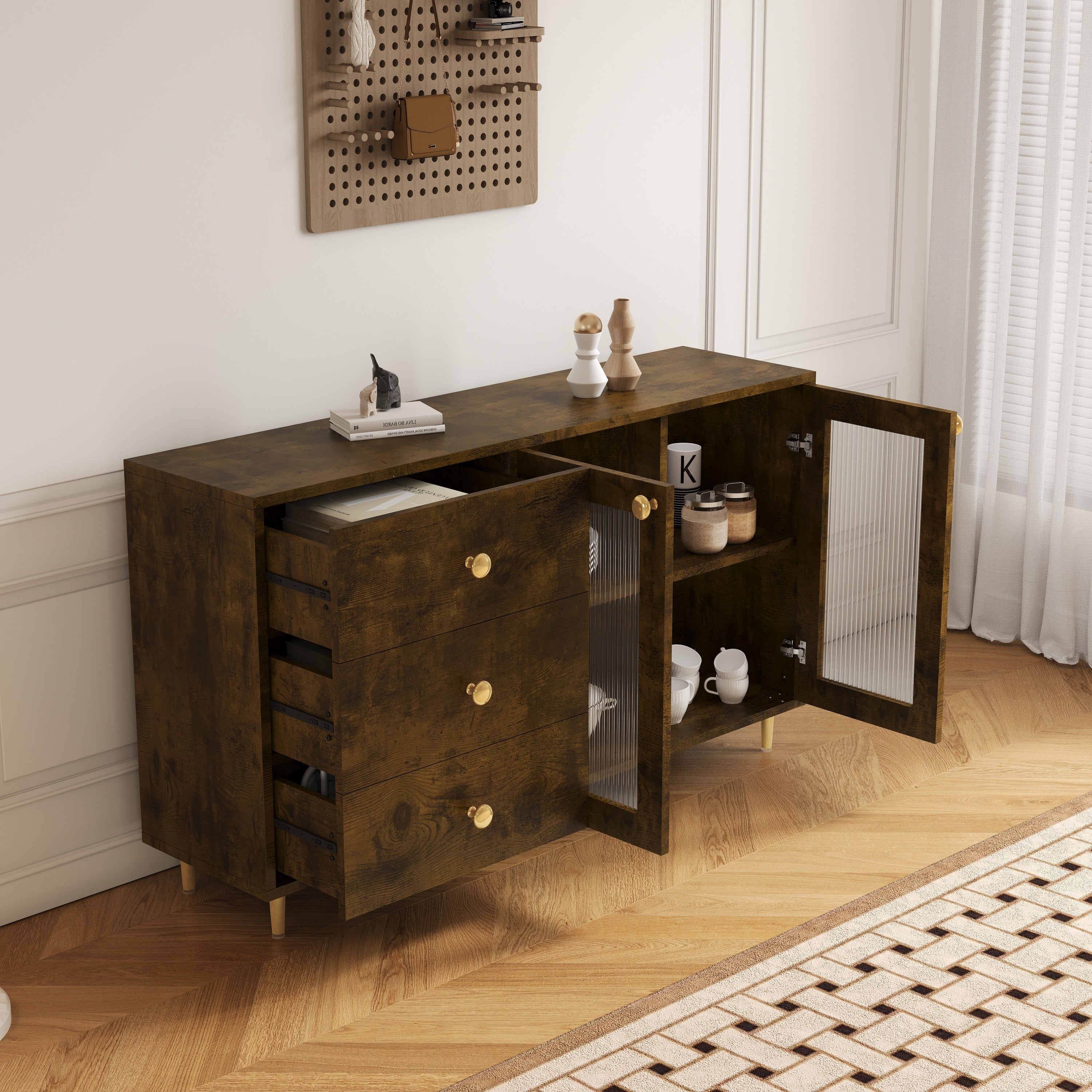 55.1" Brown Sideboard with Glass Doors & Drawers for Storage - Modern Buffet for Dining Room