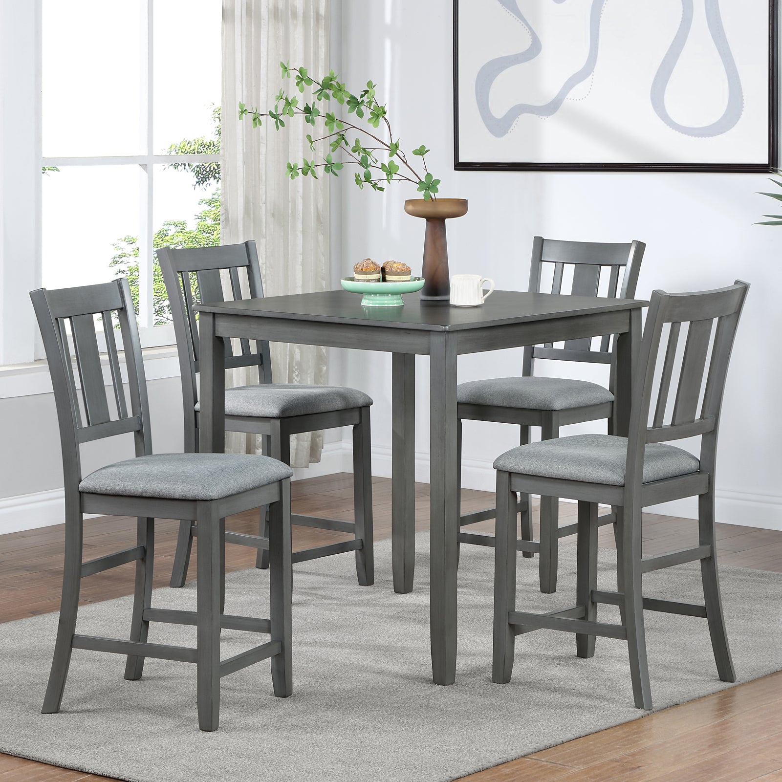 5 Piece Dining Table Set, Wooden Dining Square Table Set for 4, Counter Height Kitchen Table Set with Square Table and 4 Upholstered Chairs for Small Space, Gray