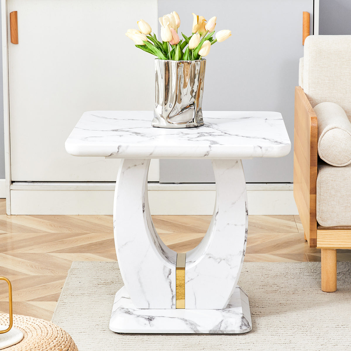 Minimalist Square White Marble-Patterned MDF Coffee Table for Living Rooms