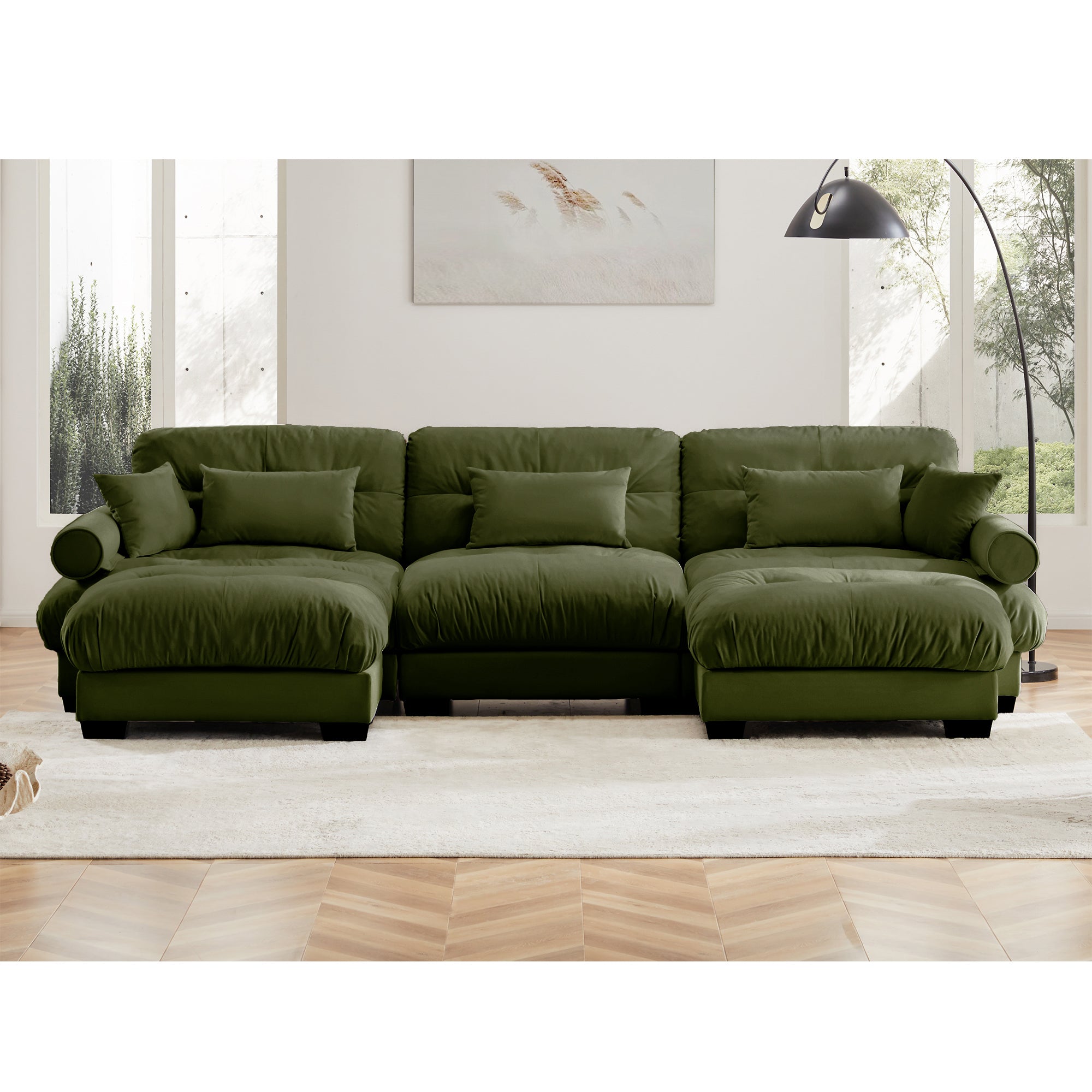 U-Shaped Modular Sectional Sofa with Movable Ottomans, Modern 3-Seater Corner Couch with Pillows and Bolstered Armrests, Olive green