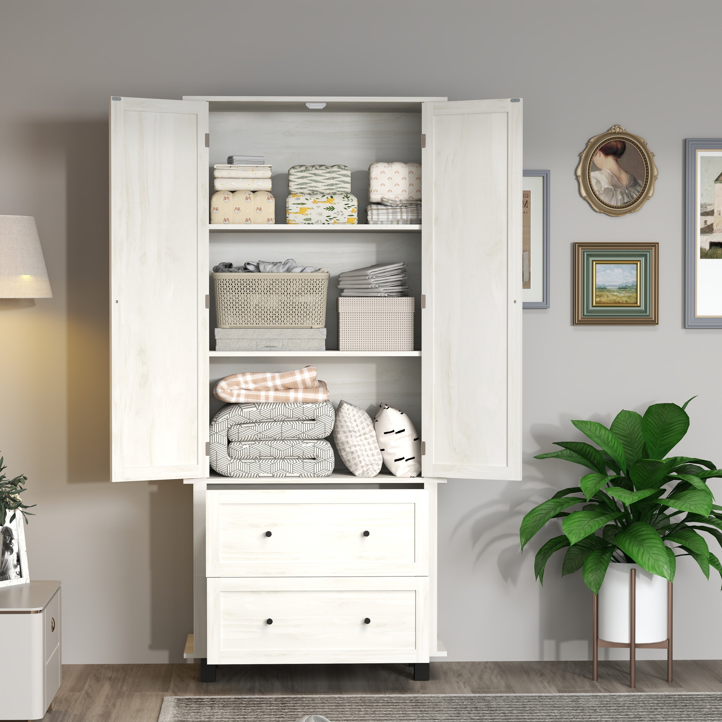 70" Tall Kitchen Pantry Cabinet with 2 Drawers & Shelves, Antique White
