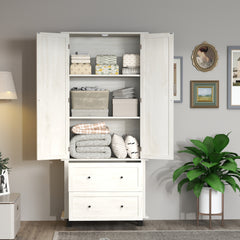70" Tall Kitchen Pantry Cabinet with 2 Drawers & Shelves, Antique White