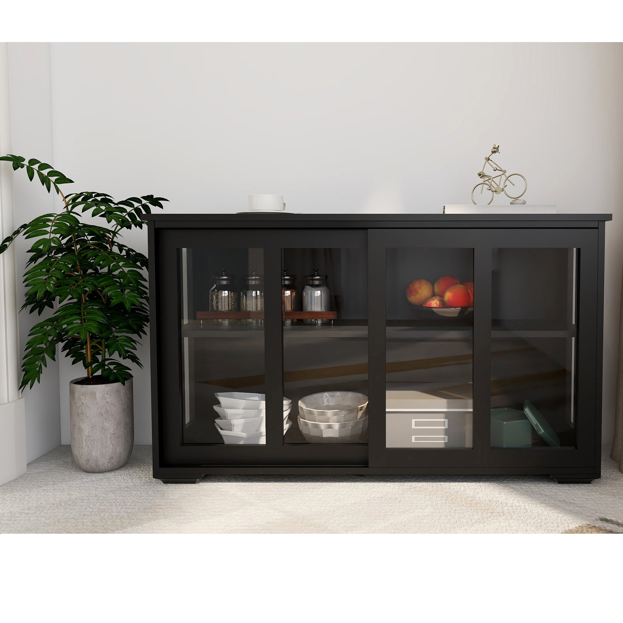 Modern Black MDF Sideboard with Slide Glass Doors for Storage - Ideal Design for Dining Room