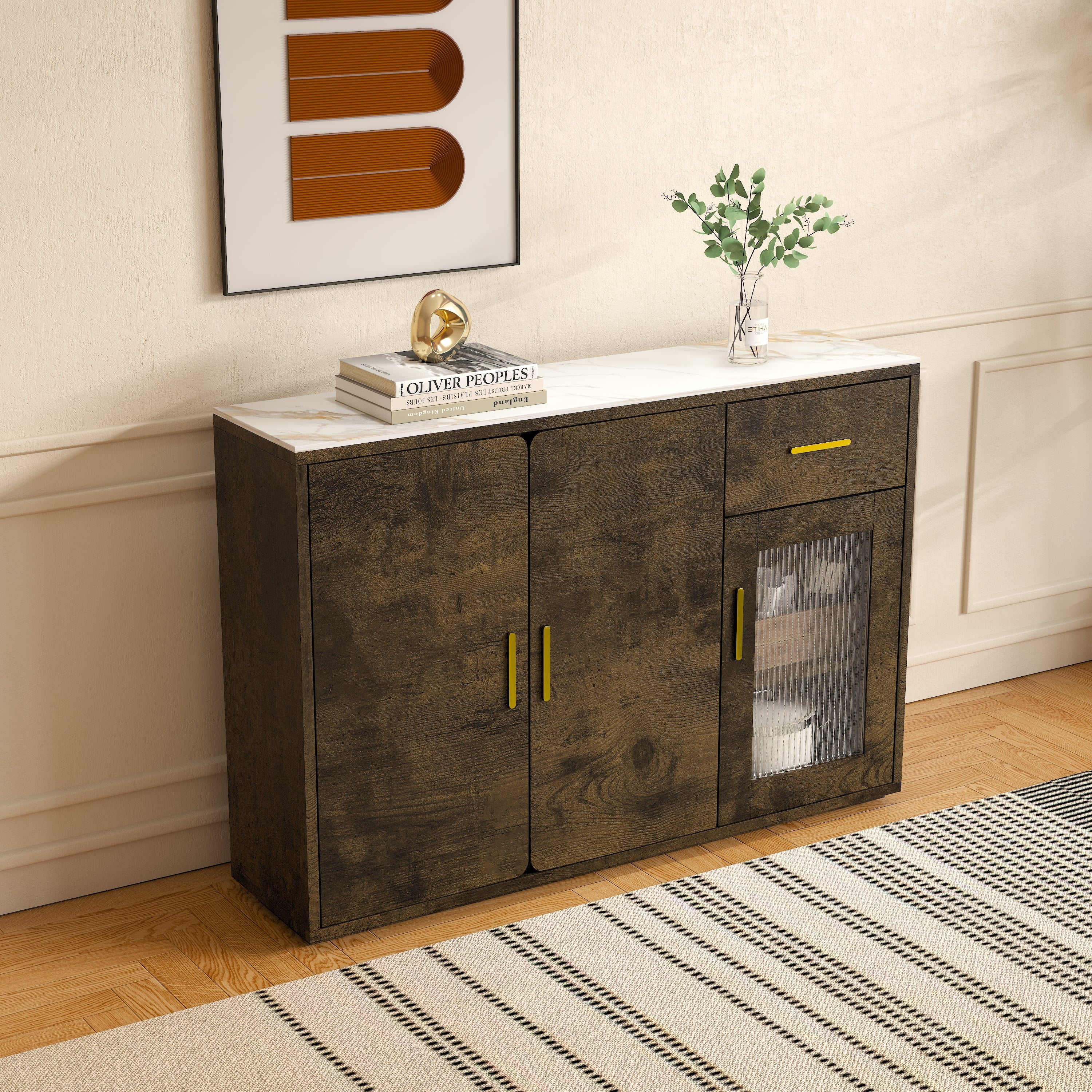 47.2" Black Brown Buffet with Storage Doors & Drawer - Functional Sideboard Design for Kitchen