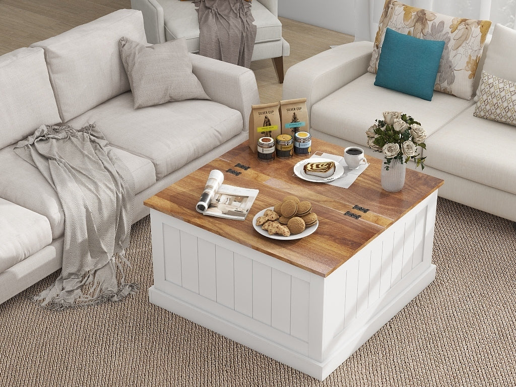 31.5" Farmhouse Coffee Table, Square Wood Center Table with Hinged Lift Top, Rustic Cocktail Table with Large Hidden Storage Compartmen for Living Room-White