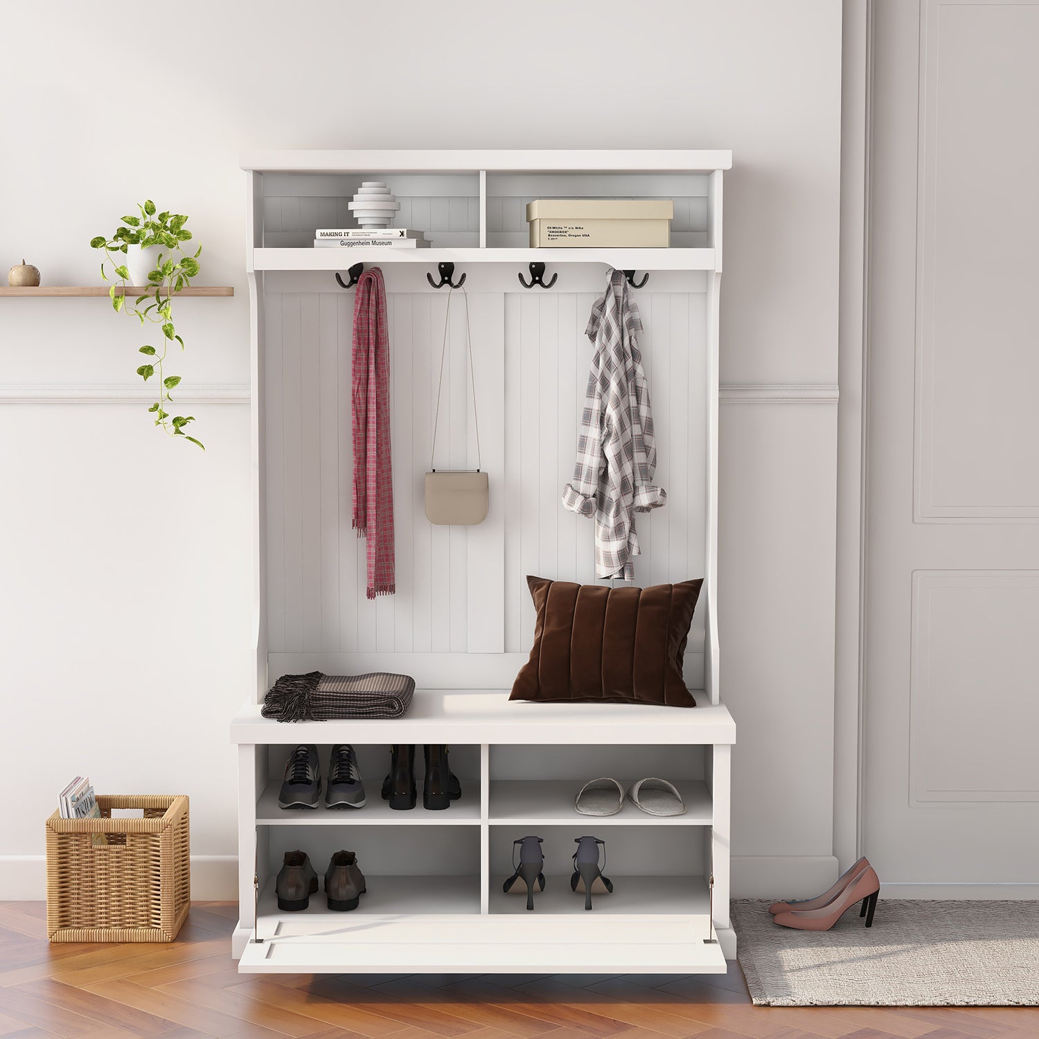 Entryway hall tree with coat rack 4 hooks and storage bench shoe cabinet white