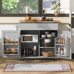 K&K Rolling Kitchen Island with Storage, Rubber Wood Top, Spacious Drawer with Divider and Internal Storage Rack, Grey