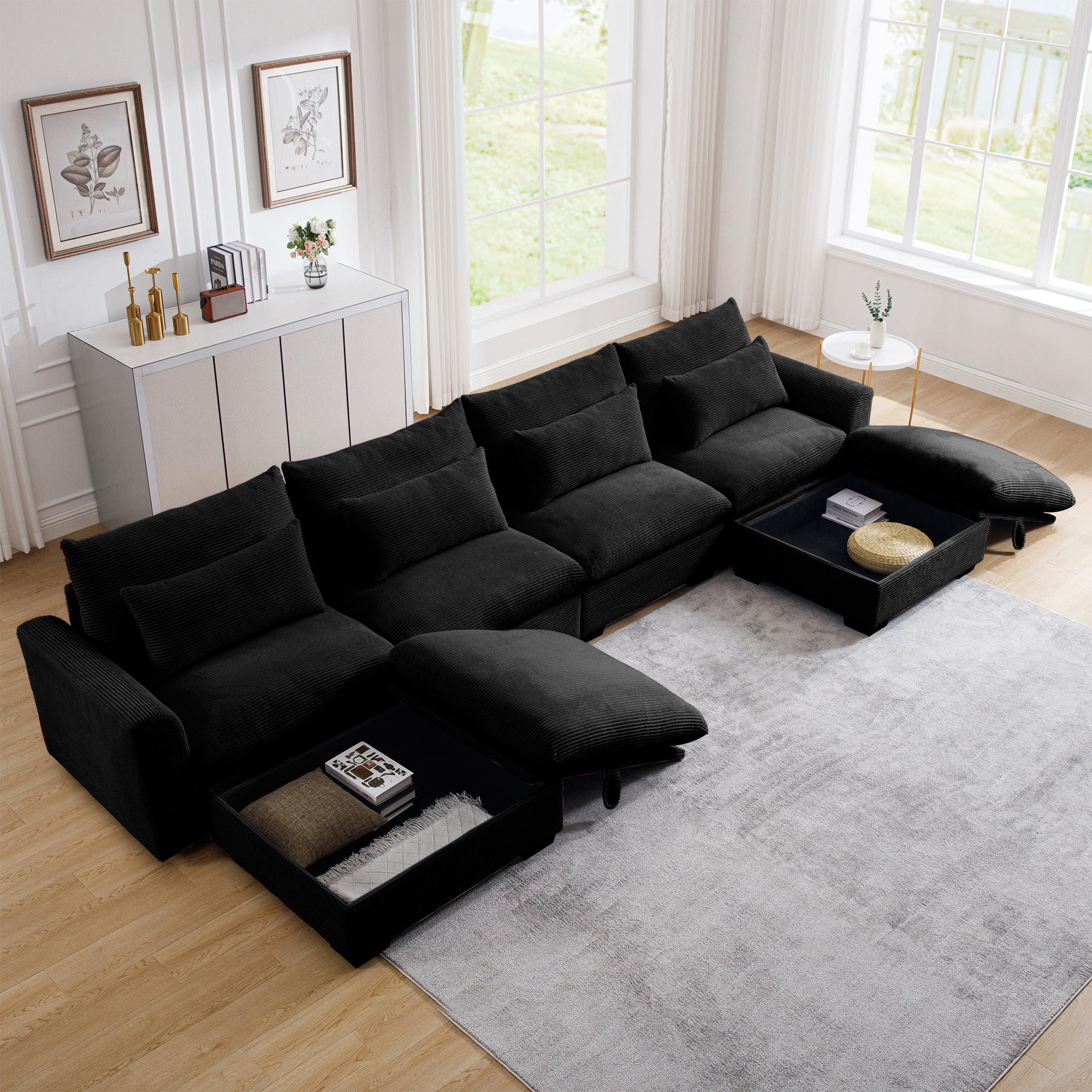 Big Deep Seat U-Shaped Corduroy Sectional Couches for Living Room, 4 Seater Sofa Couch with 2 Storage Footstool and 4 Waist Pillows (Corduroy, Black)