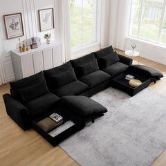 Big Deep Seat U-Shaped Corduroy Sectional Couches for Living Room, 4 Seater Sofa Couch with 2 Storage Footstool and 4 Waist Pillows (Corduroy, Black)