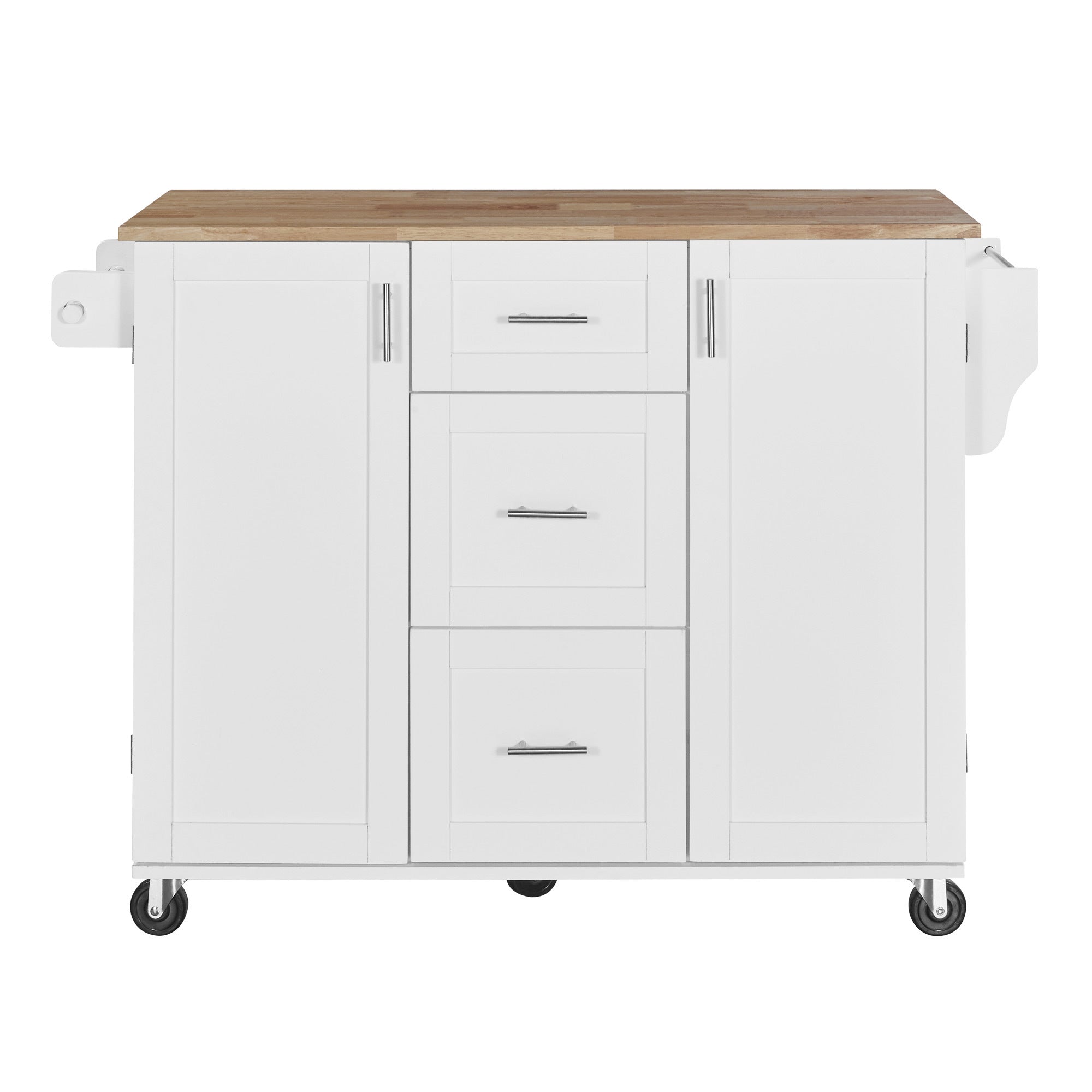 K&K Rolling Kitchen Island with Storage, 3 Drawer, 2 Slide-Out Shelf and Internal Storage Rack, White